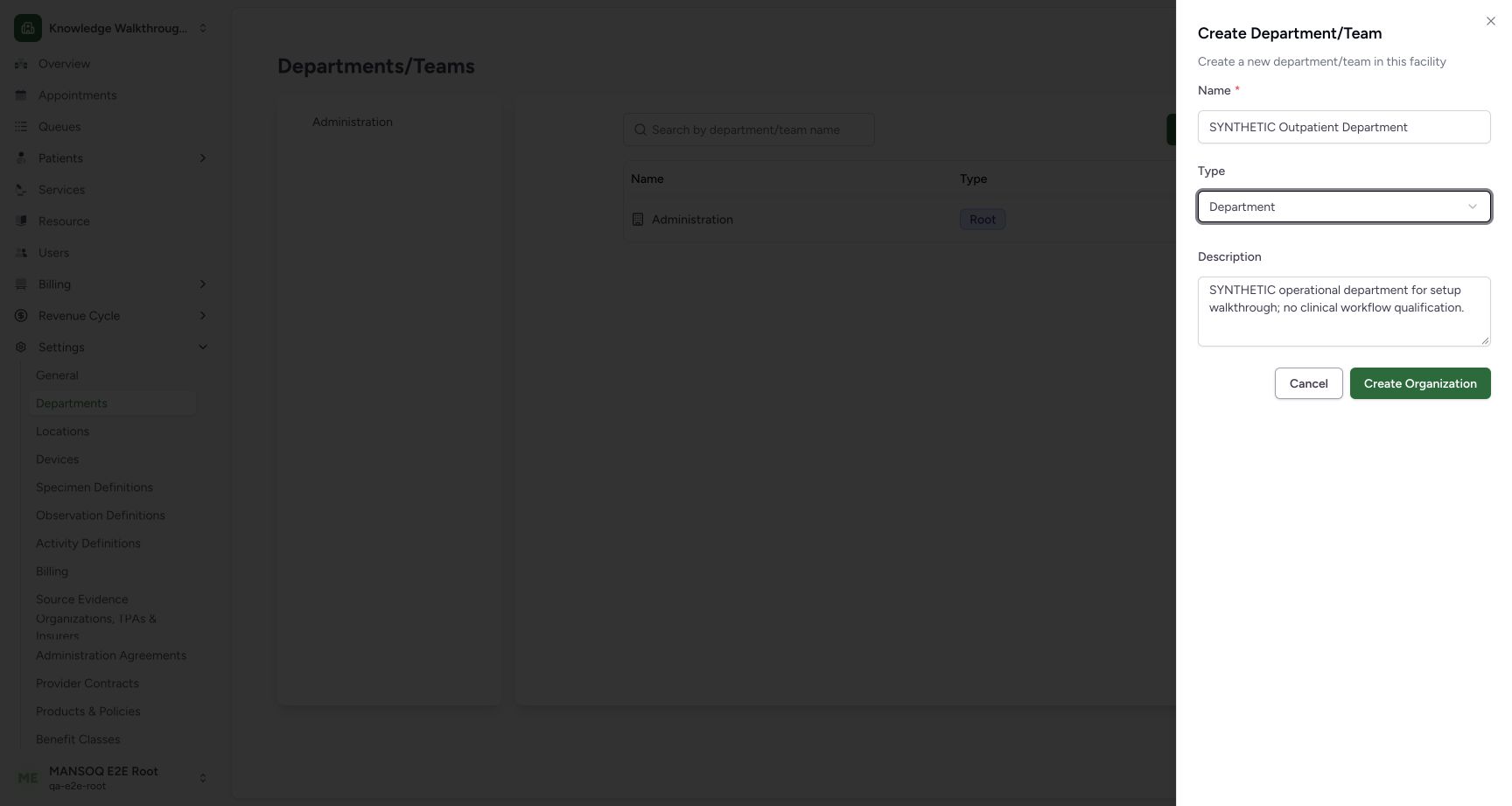 Create a named operational Department. Actual MANSOQ application in an isolated synthetic training estate; no real patient, staff or financial data.