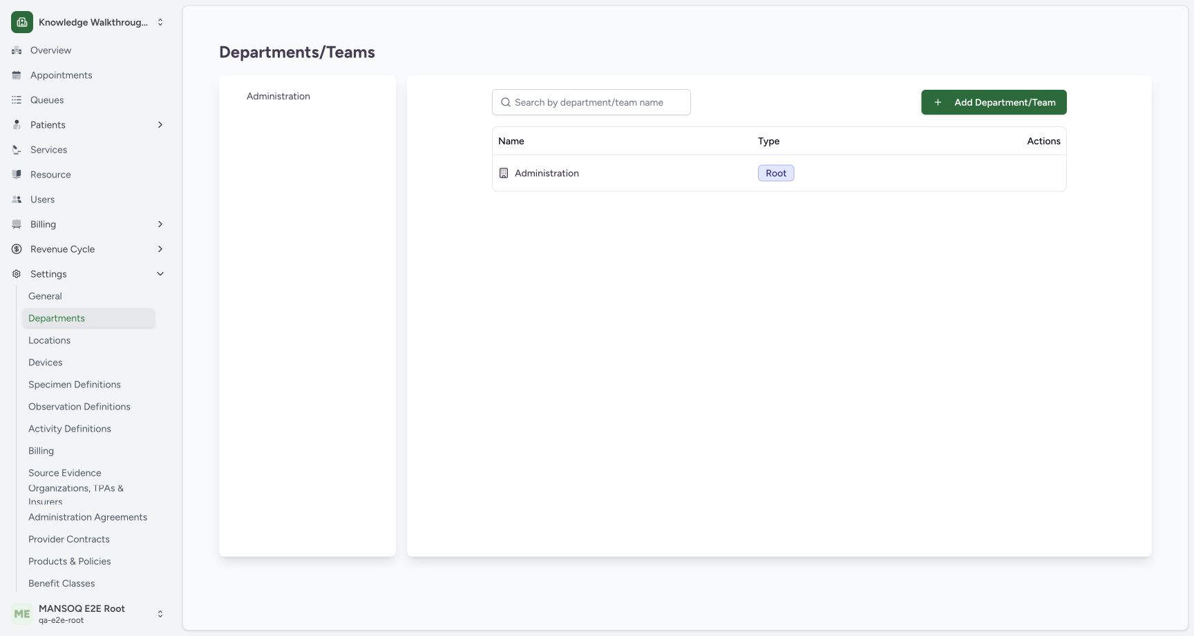 Create an operational department beside the reserved root. Actual MANSOQ application in an isolated synthetic training estate; no real patient, staff or financial data.