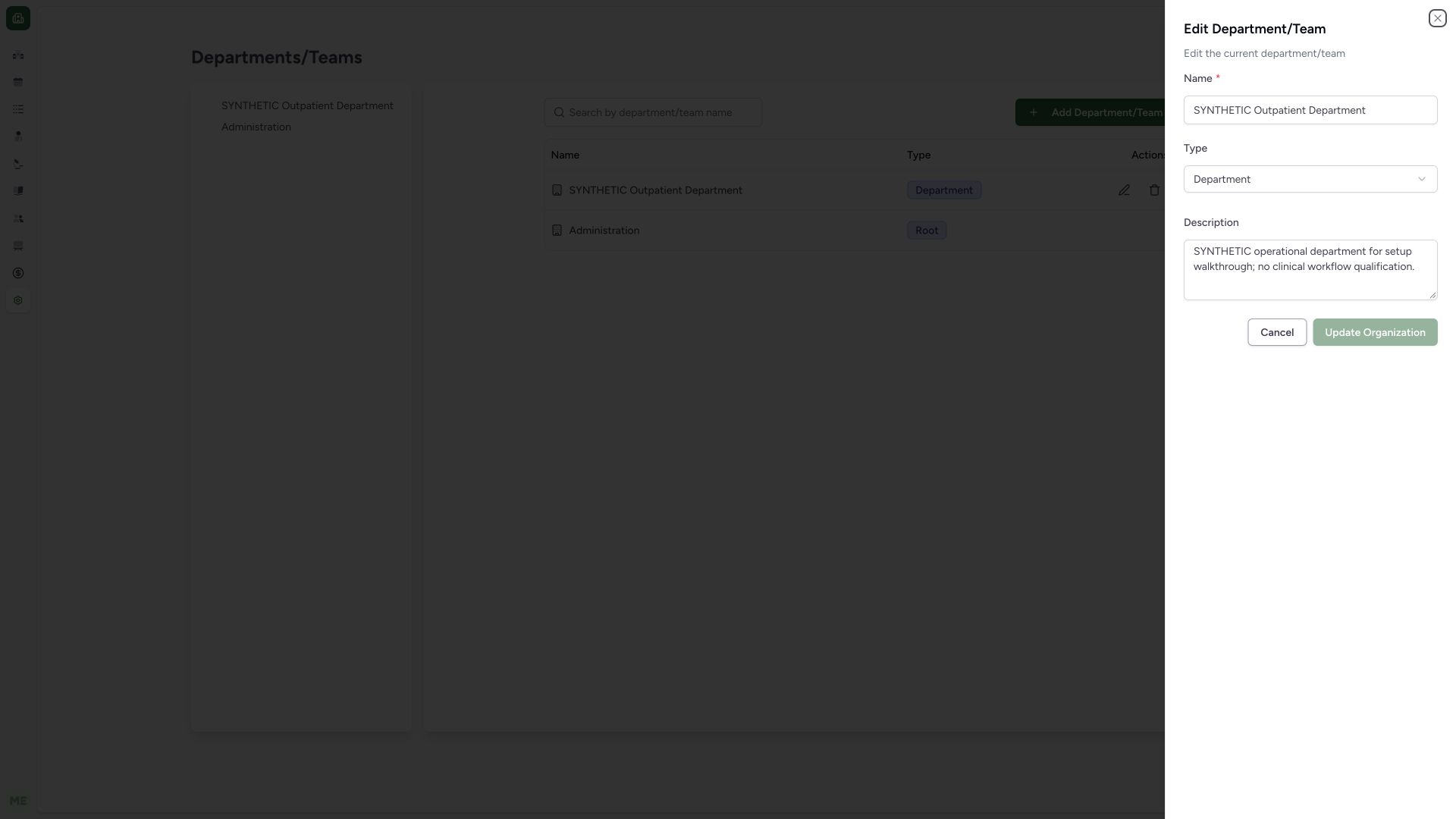 Read existing department fields and unchanged Update state. Actual full desktop MANSOQ with synthetic Clinic configuration.