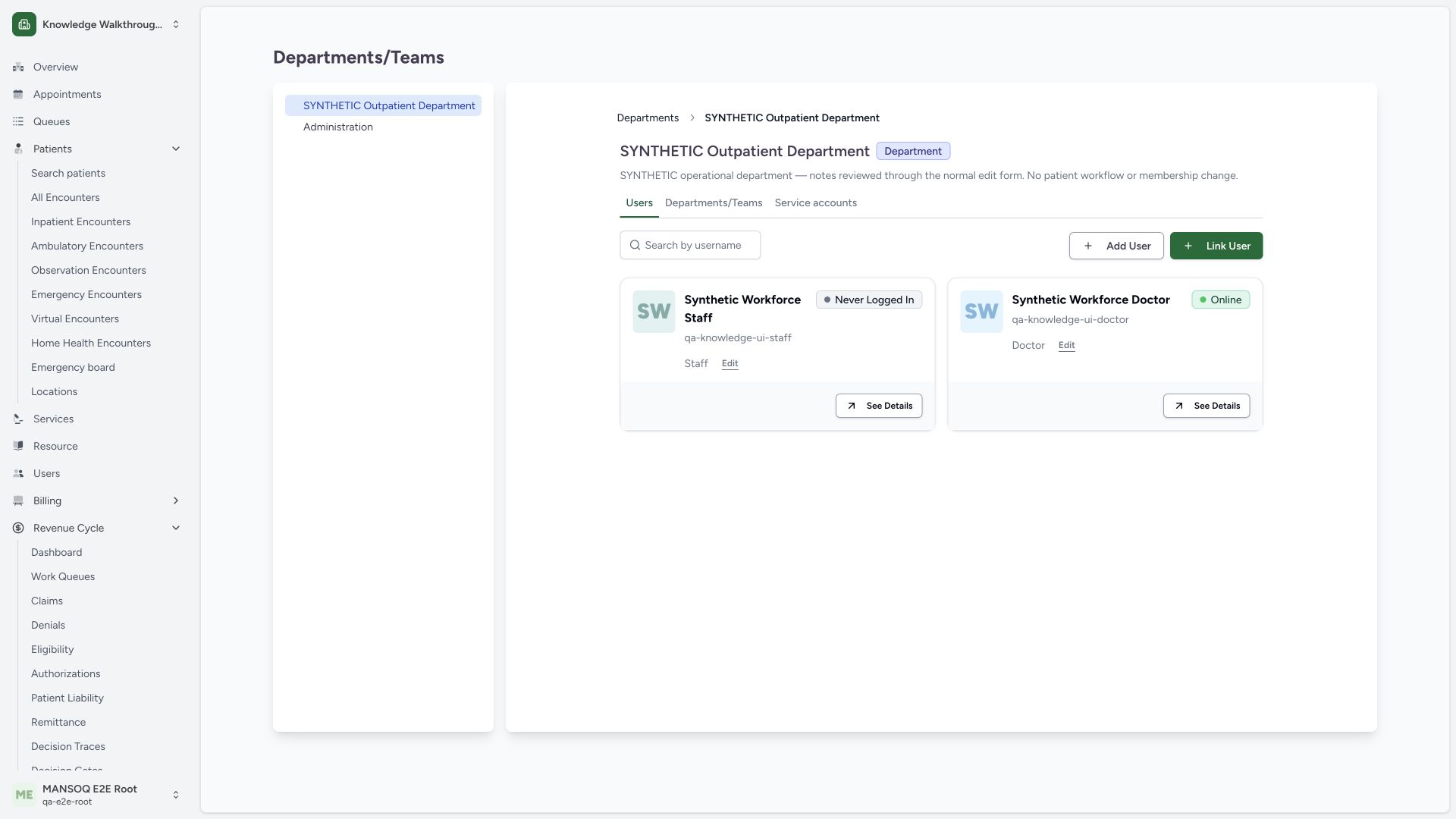 Inspect retained Staff and Doctor memberships after department notes maintenance. Actual full desktop MANSOQ with synthetic Clinic configuration.