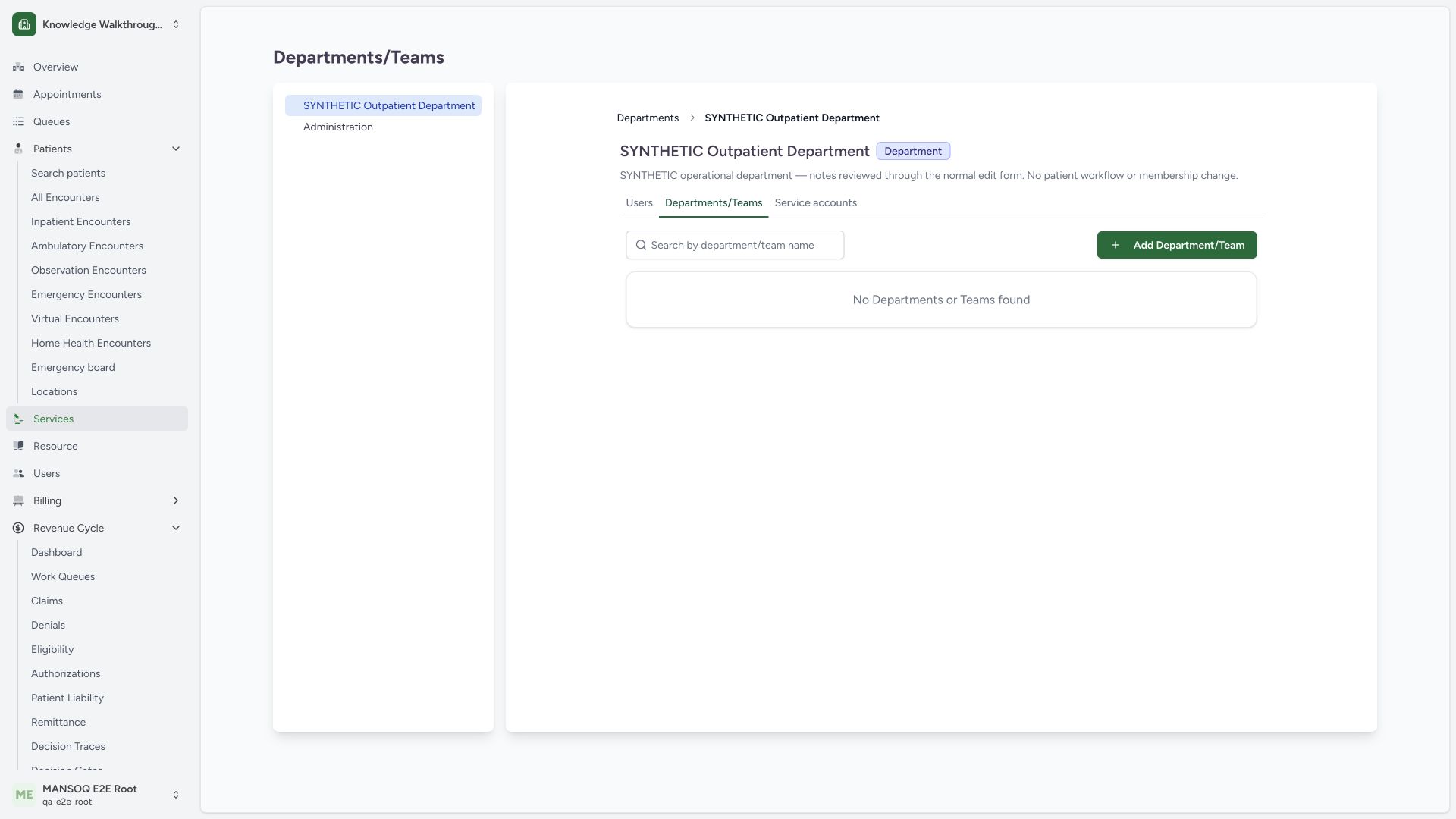 Verify the saved department notes and separate the membership tab. Actual full desktop MANSOQ with synthetic Clinic configuration.
