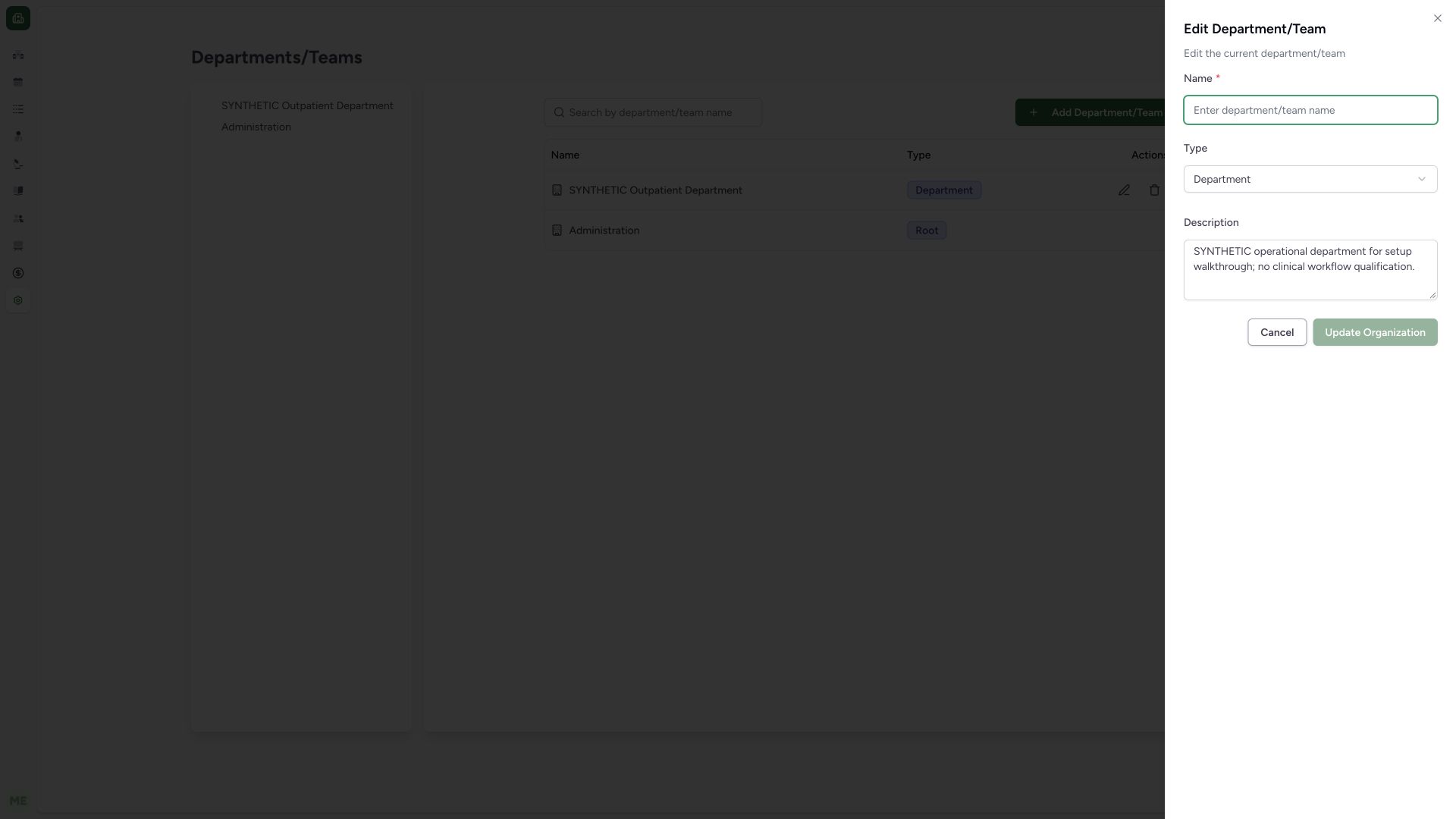 Restore a required department name before the update is enabled. Actual full desktop MANSOQ with synthetic Clinic configuration.