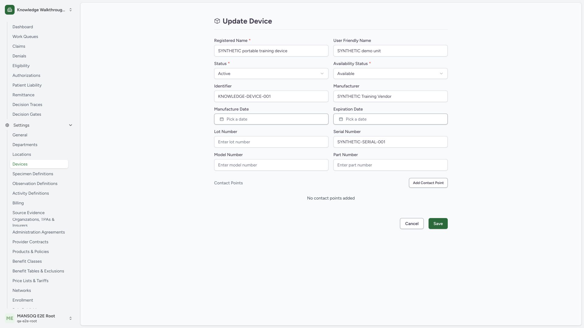Restore Active lifecycle while keeping availability unchanged. Actual wide MANSOQ synthetic generic-device view.