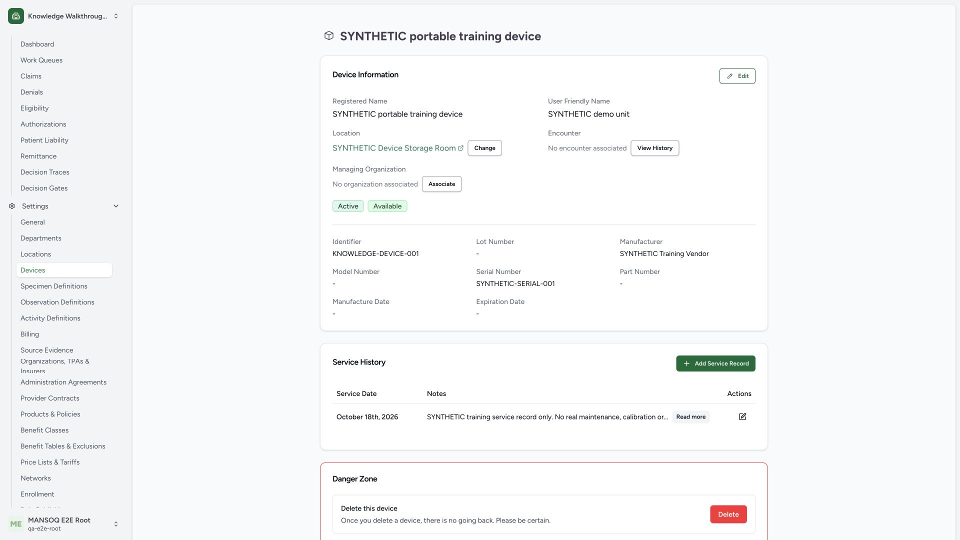 Verify original Active lifecycle restored with Available unchanged. Actual wide MANSOQ synthetic generic-device view.