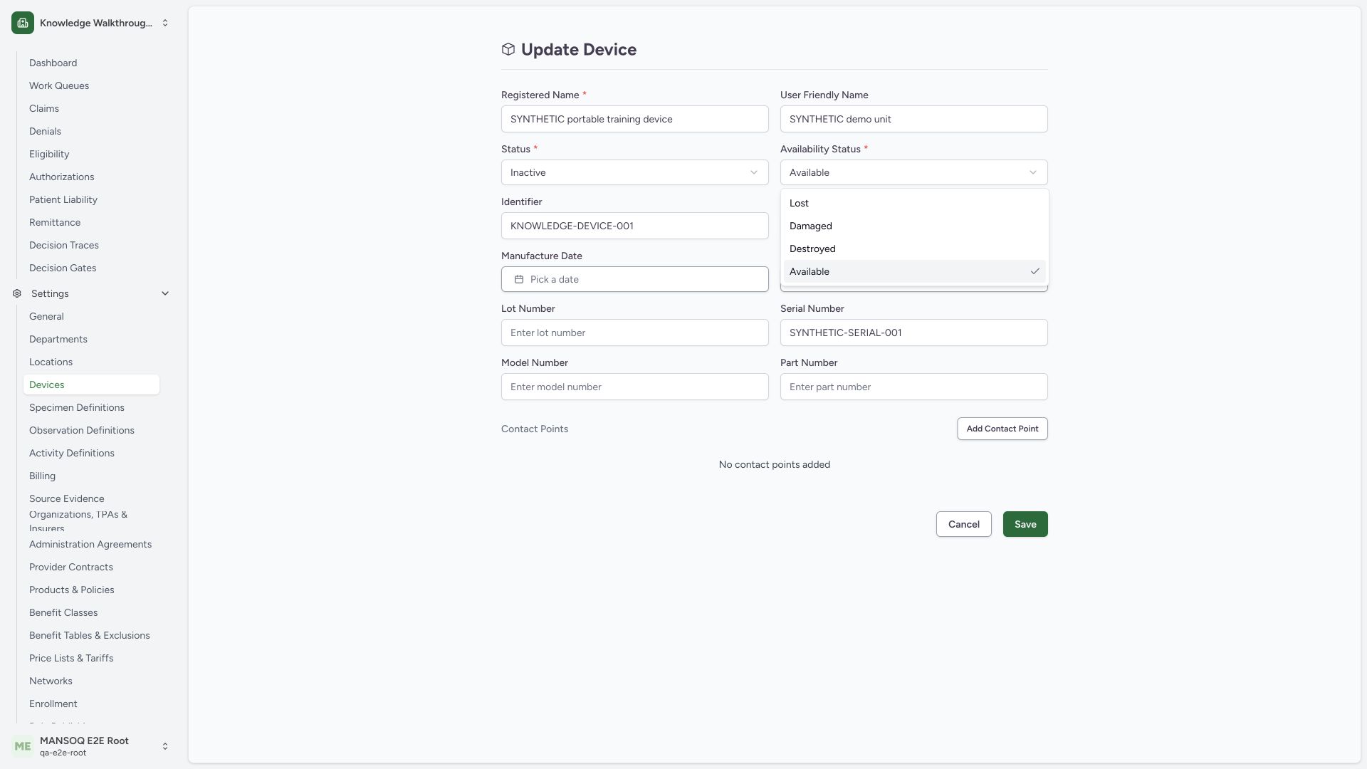 Keep availability choices separate from lifecycle status. Actual wide MANSOQ synthetic generic-device view.