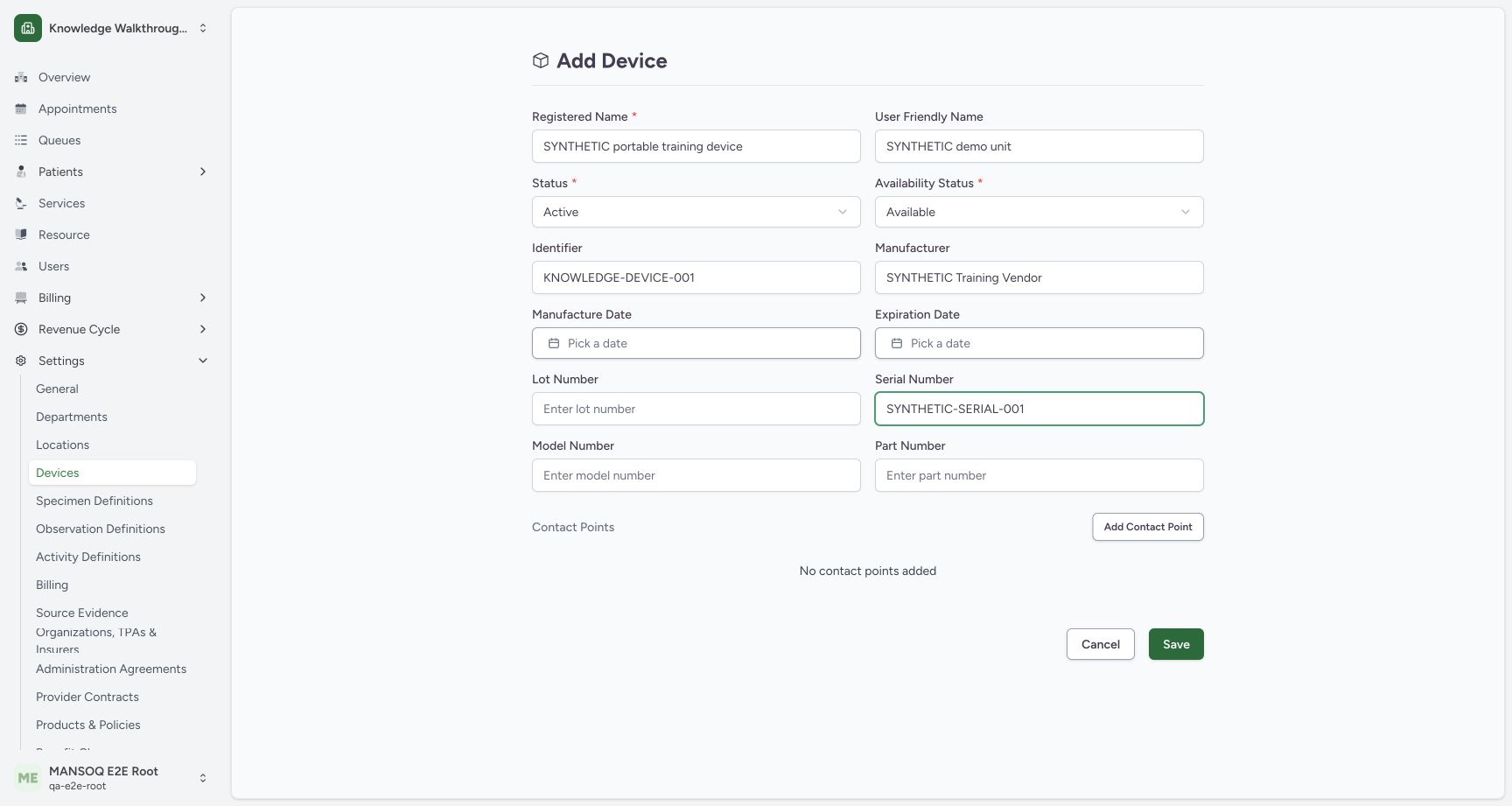 Prepare approved device identity and inventory metadata. Actual MANSOQ local synthetic training; no real patient, staff, equipment or financial data.