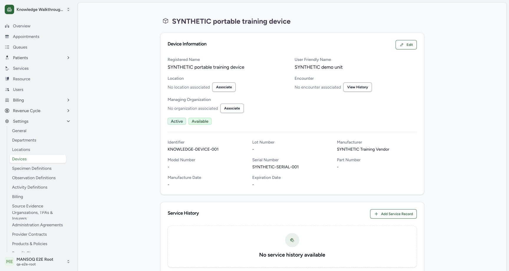 Verify device inventory identity and unassigned links. Actual MANSOQ local synthetic training; no real patient, staff, equipment or financial data.