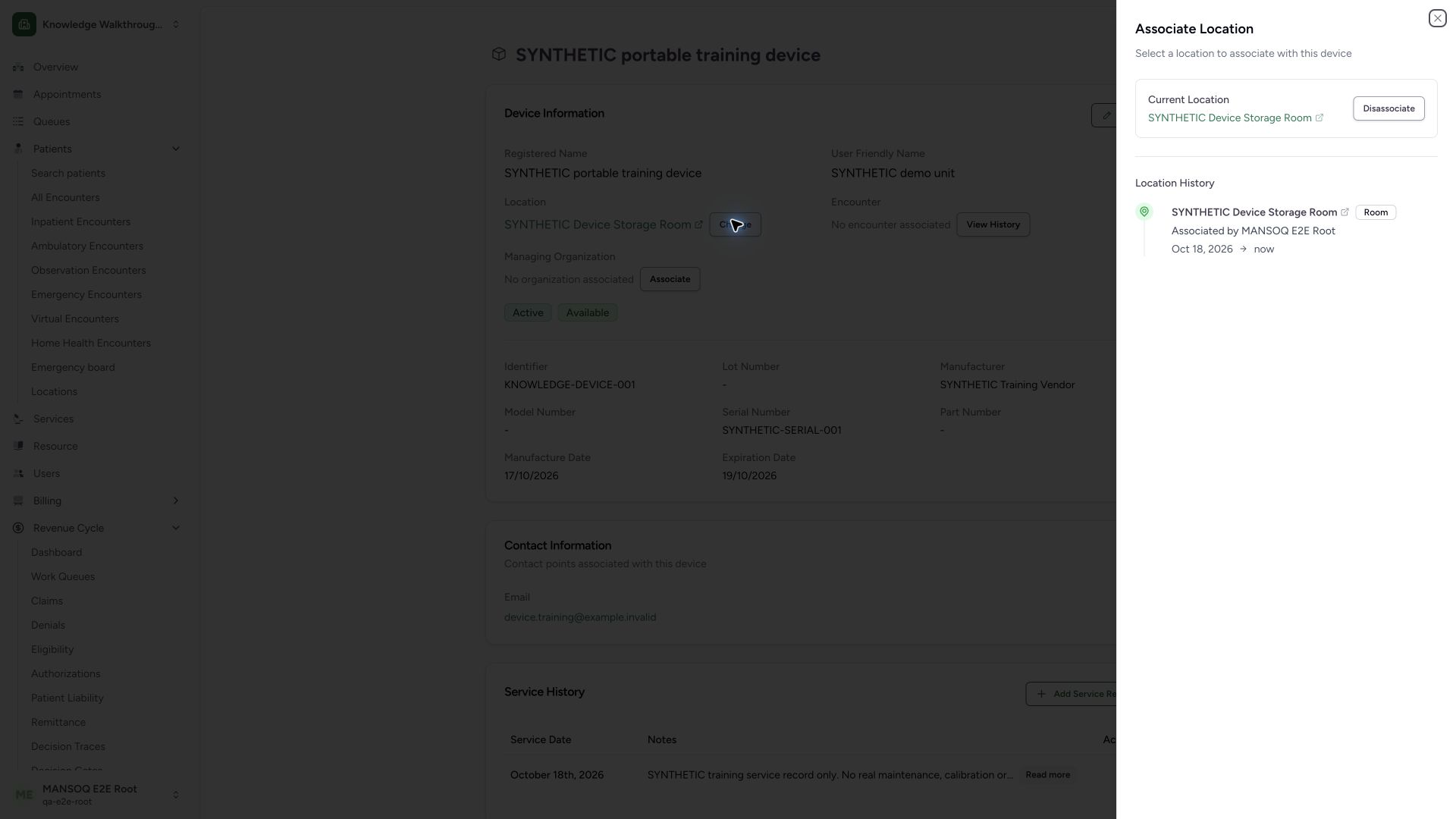 Review current storage location and open history interval. Actual wide MANSOQ synthetic Generic device location assignment and interval history view.