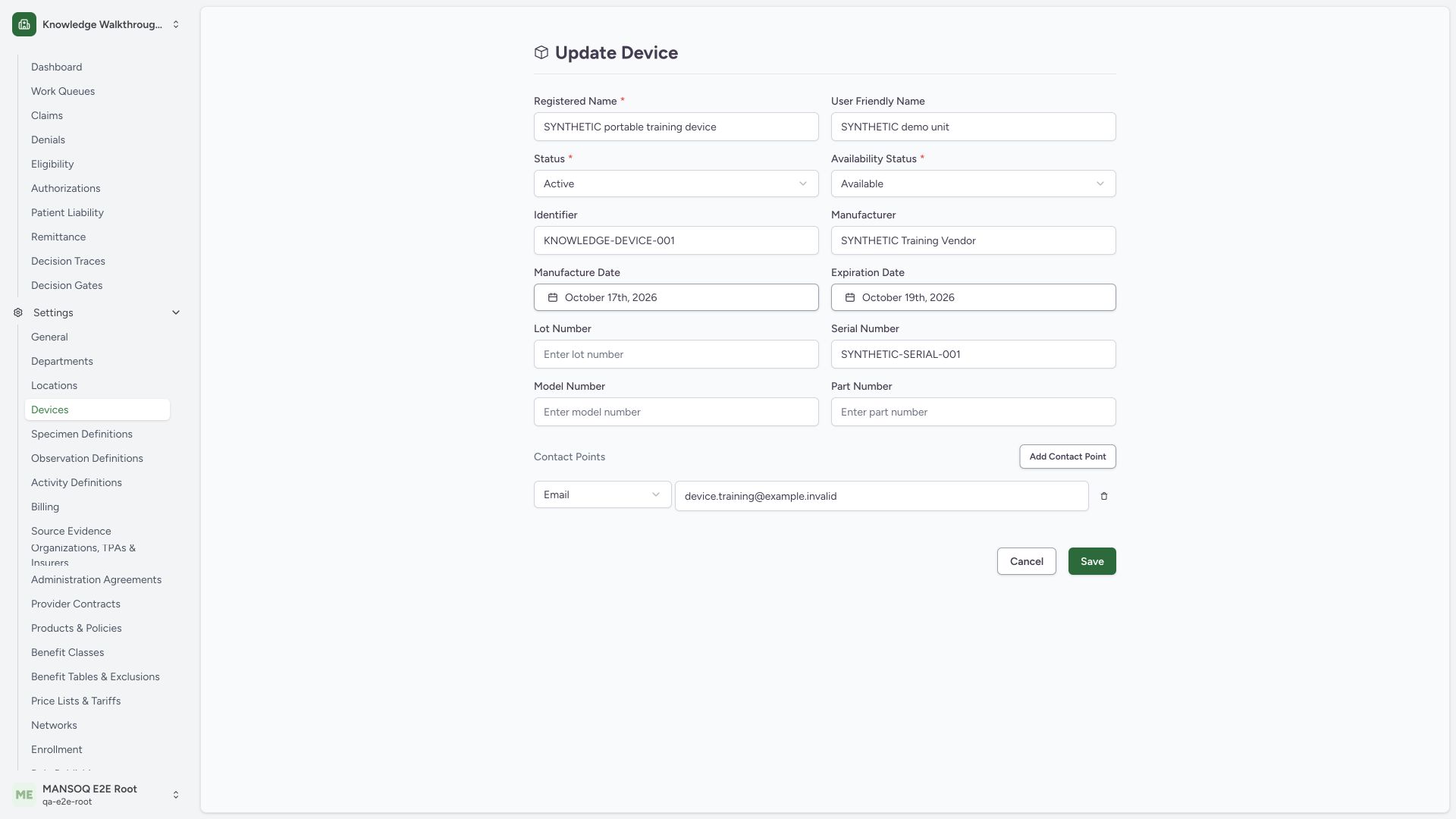 Save valid device dates and one synthetic email contact. Actual wide MANSOQ synthetic generic-device view.