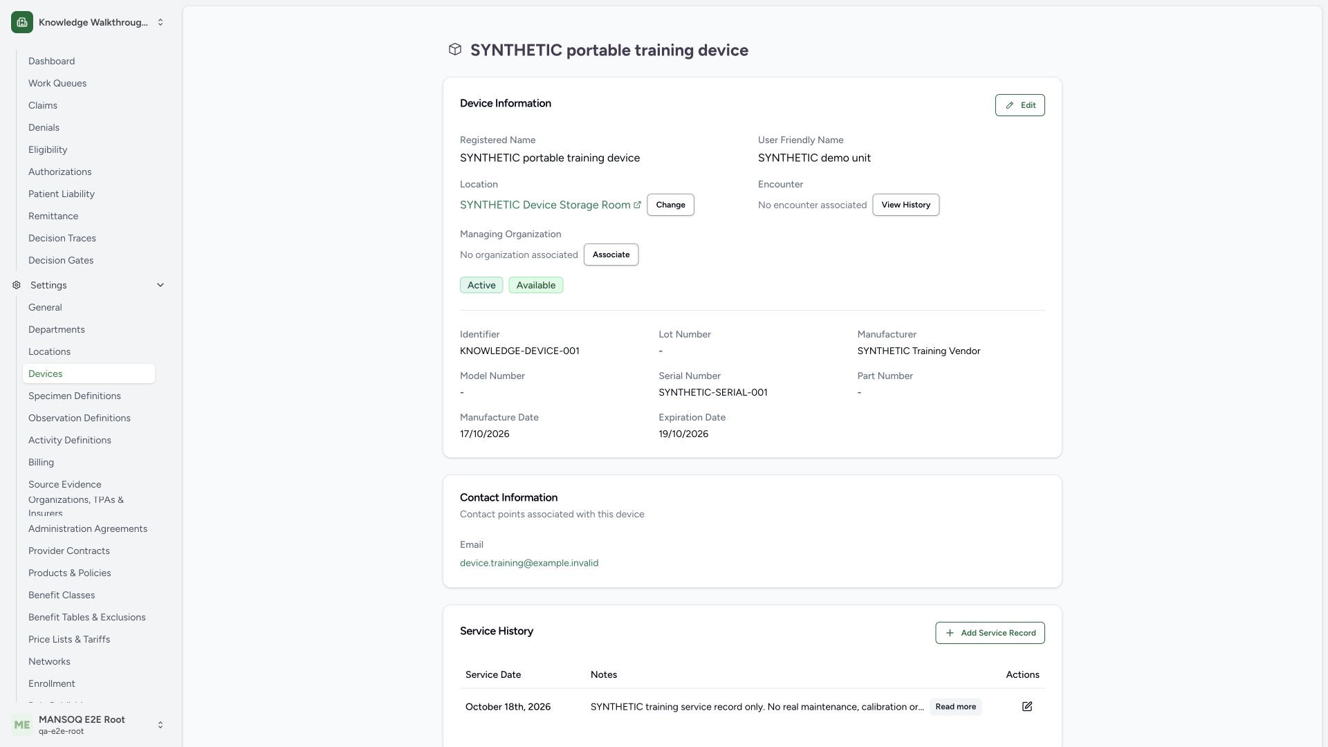 Verify saved local dates and synthetic Email contact. Actual wide MANSOQ synthetic generic-device view.