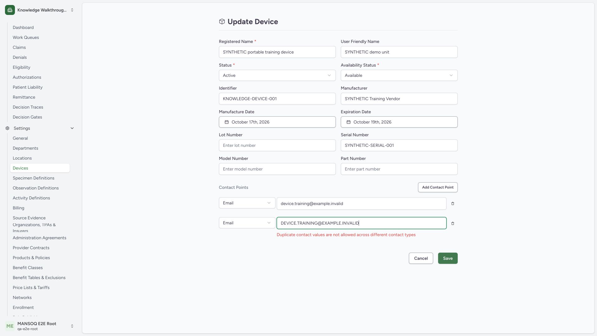 Recover case-insensitive duplicate contact values. Actual wide MANSOQ synthetic generic-device view.