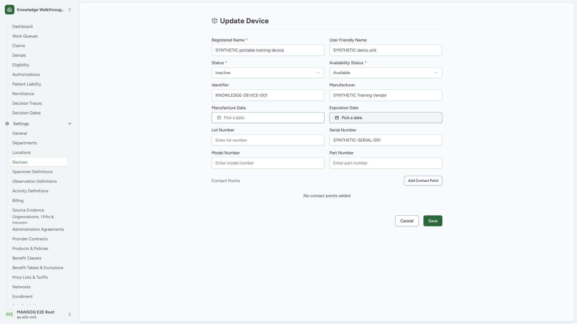 Save the reviewed Inactive lifecycle state while retaining Available. Actual wide MANSOQ synthetic generic-device view.