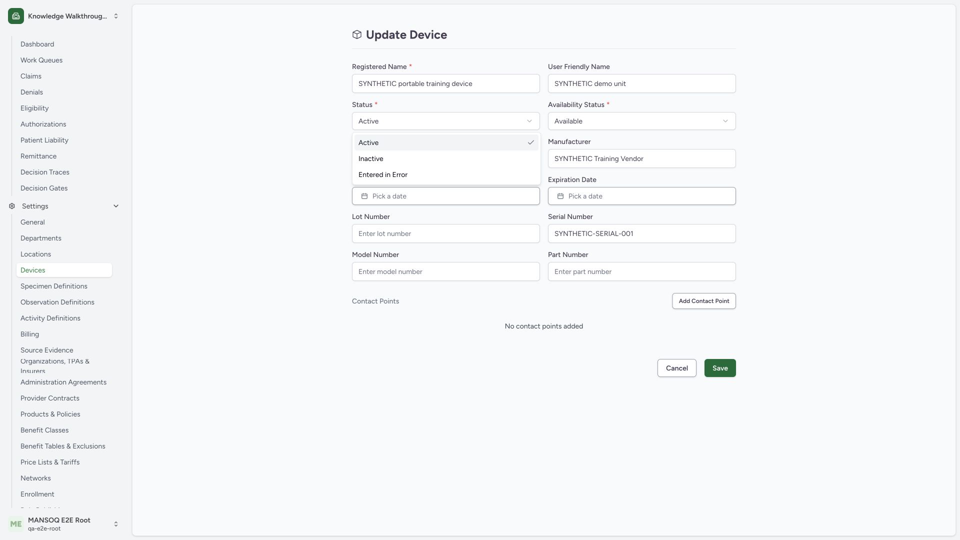 Read lifecycle options before choosing Inactive. Actual wide MANSOQ synthetic generic-device view.
