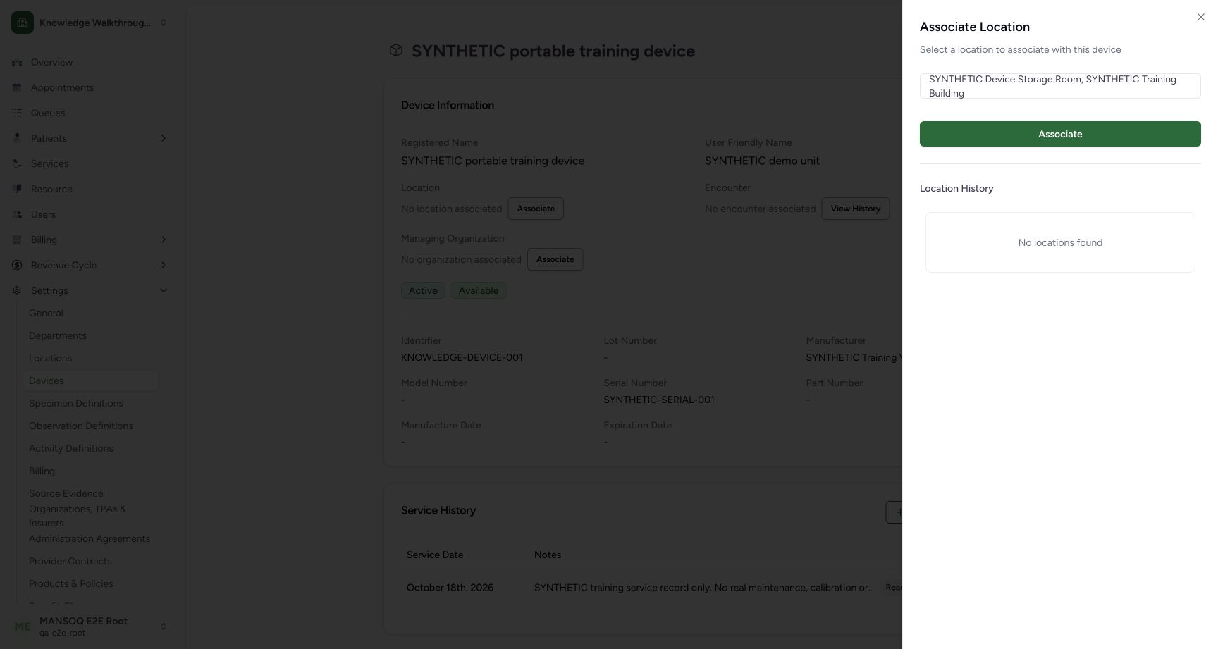 Confirm Room and parent before associating a device. Actual MANSOQ local synthetic training; no real patient, staff, equipment or financial data.
