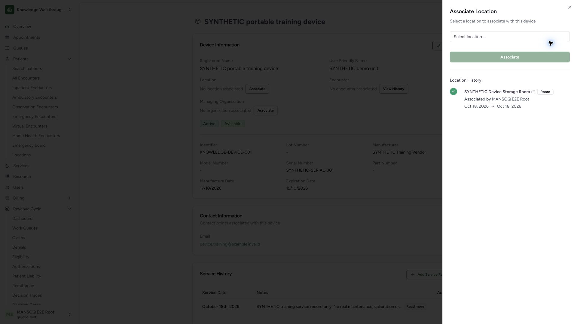 Verify disassociation closes the original location interval. Actual wide MANSOQ synthetic Generic device location assignment and interval history view.