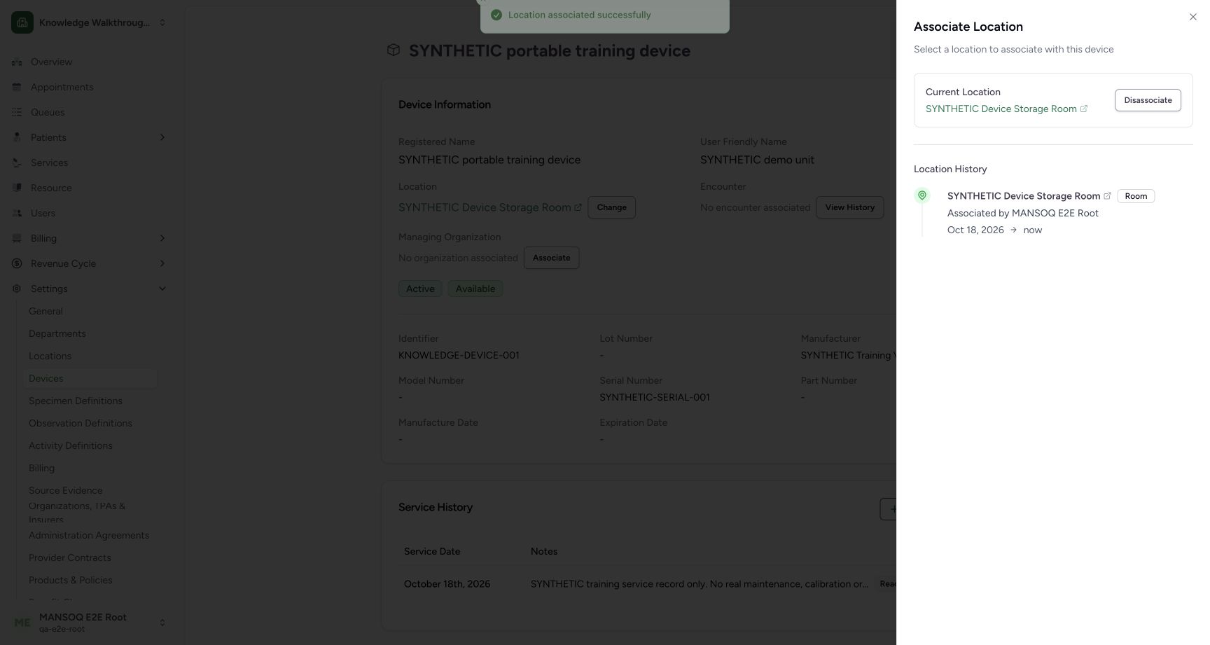 Verify current device location and association history. Actual MANSOQ local synthetic training; no real patient, staff, equipment or financial data.