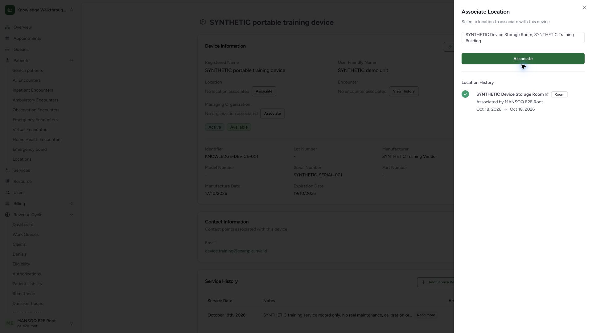 Review the selected original room before reassociation. Actual wide MANSOQ synthetic Generic device location assignment and interval history view.