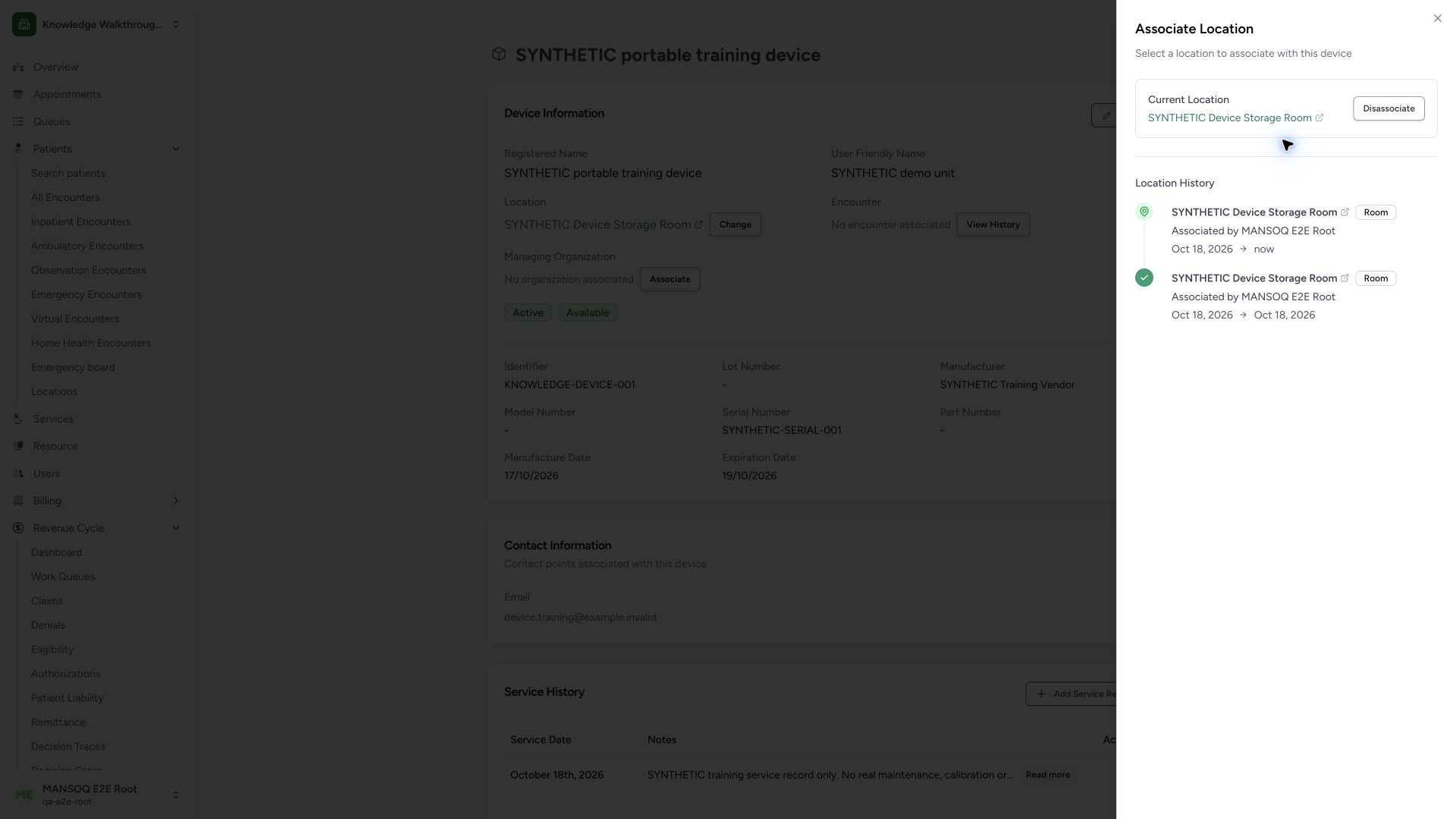 Verify restored current room and two retained history intervals. Actual wide MANSOQ synthetic Generic device location assignment and interval history view.