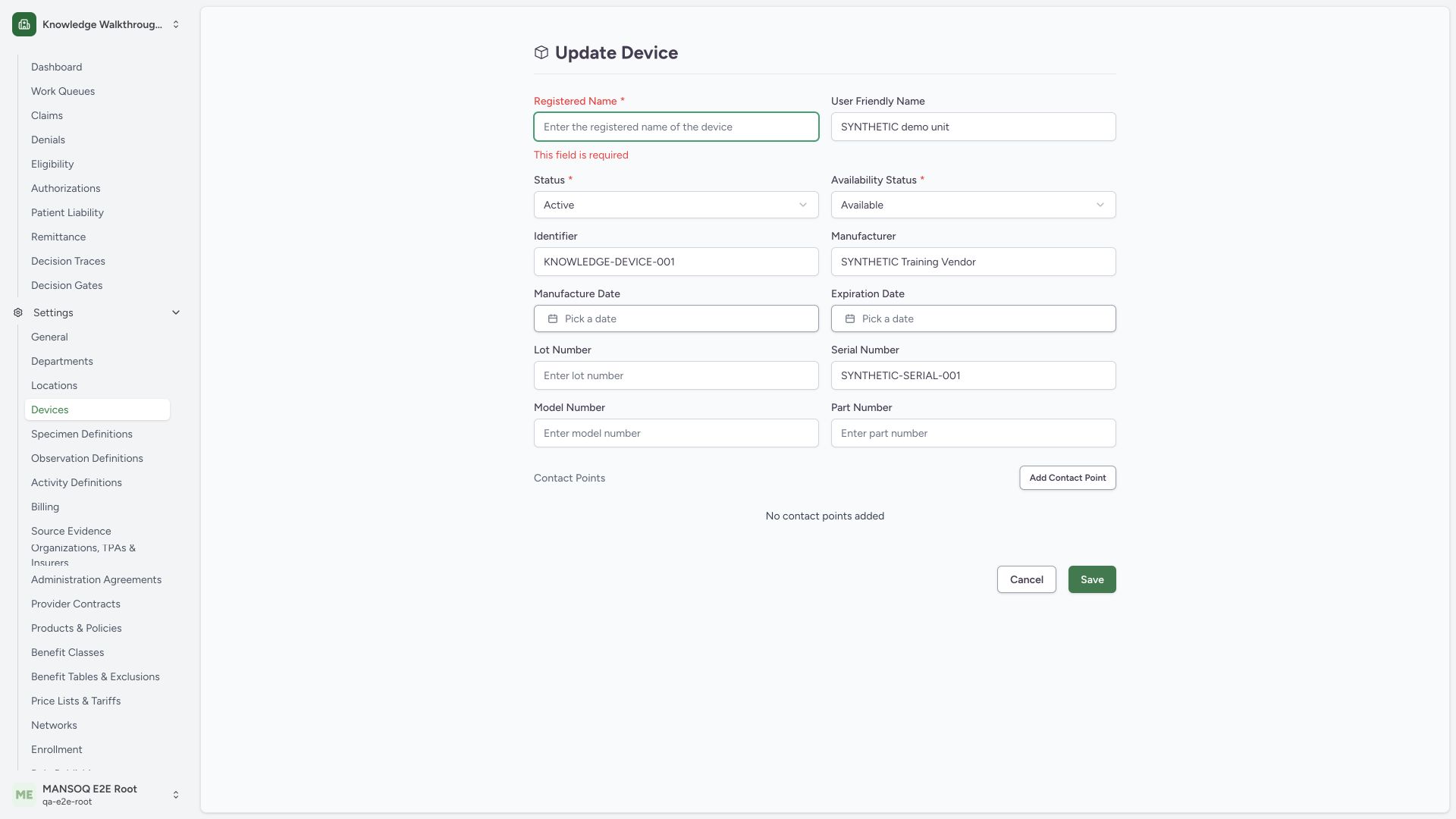 Restore required Registered Name before a device update. Actual wide MANSOQ synthetic generic-device view.