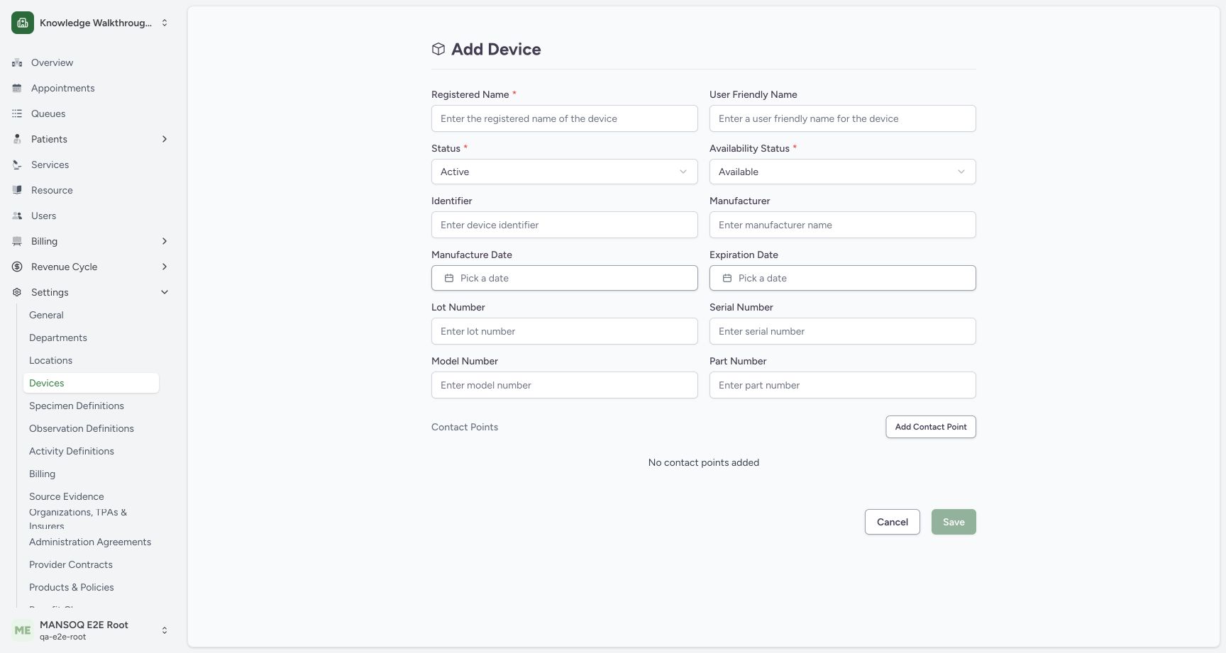 Generic device form requires a registered name. Actual MANSOQ local synthetic training; no real patient, staff, equipment or financial data.