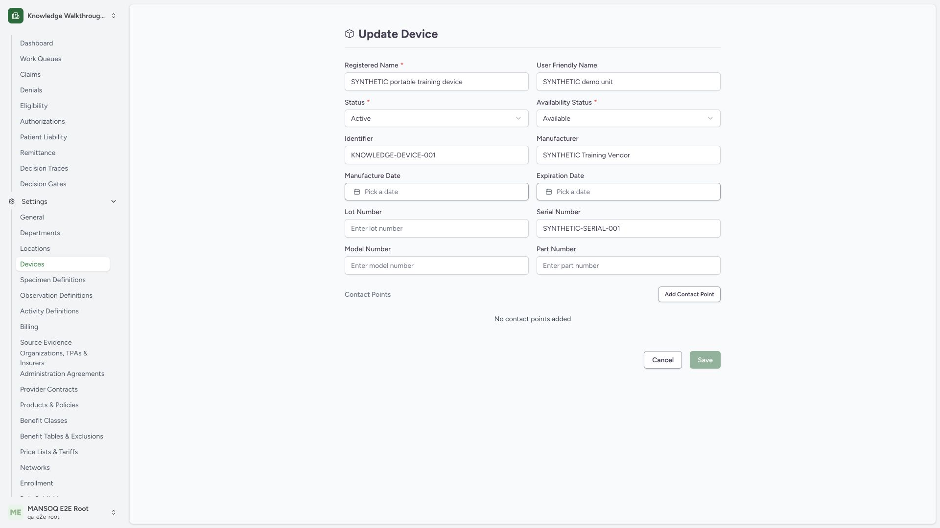 Inspect separate device status fields and unchanged Save state. Actual wide MANSOQ synthetic generic-device view.