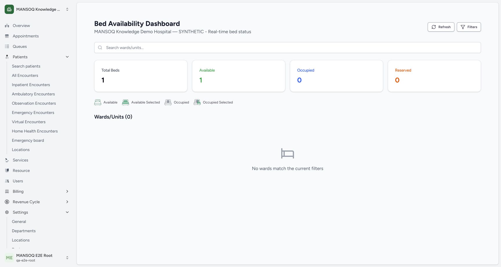 Recognize an empty Occupied ward filter without changing overall totals. Actual MANSOQ local synthetic training; no real patient, staff, equipment or financial data.