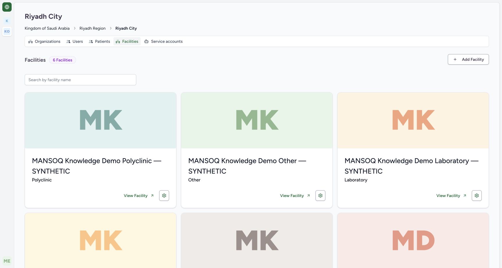 Add Facility at an approved geographic leaf organization. Actual MANSOQ application in an isolated synthetic training estate; no real patient, staff or financial data.