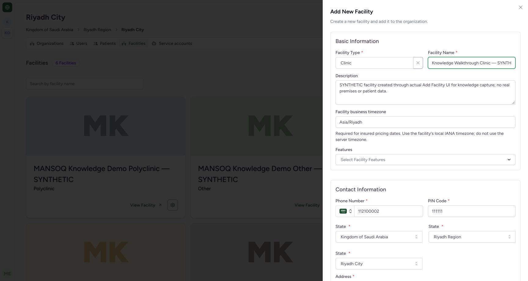 Prepare canonical facility identity and local business timezone. Actual MANSOQ application in an isolated synthetic training estate; no real patient, staff or financial data.