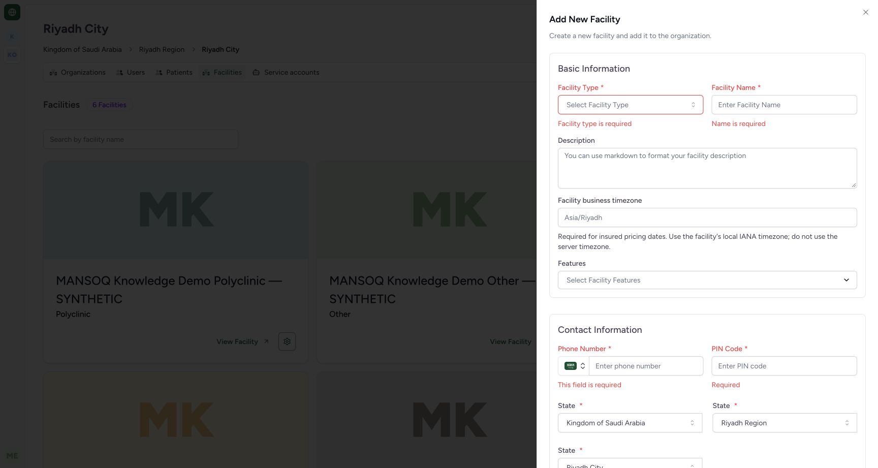 New facility requires classification, identity and contact fields. Actual MANSOQ application in an isolated synthetic training estate; no real patient, staff or financial data.