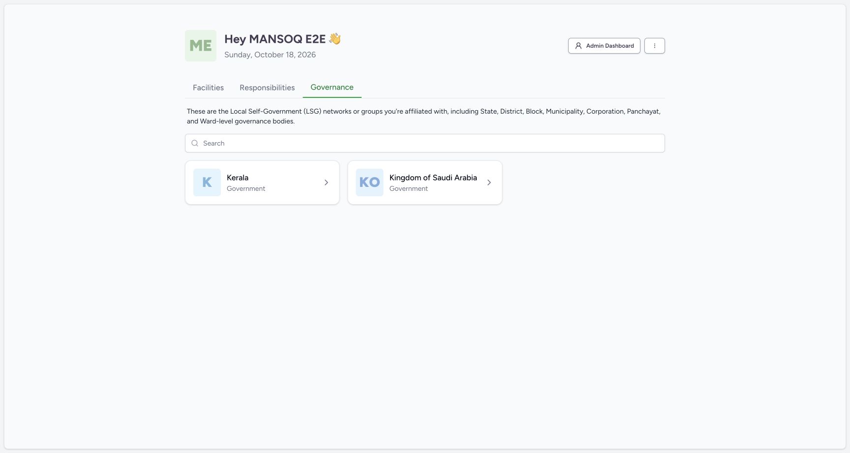 Open governance organizations from the home dashboard. Actual MANSOQ application in an isolated synthetic training estate; no real patient, staff or financial data.