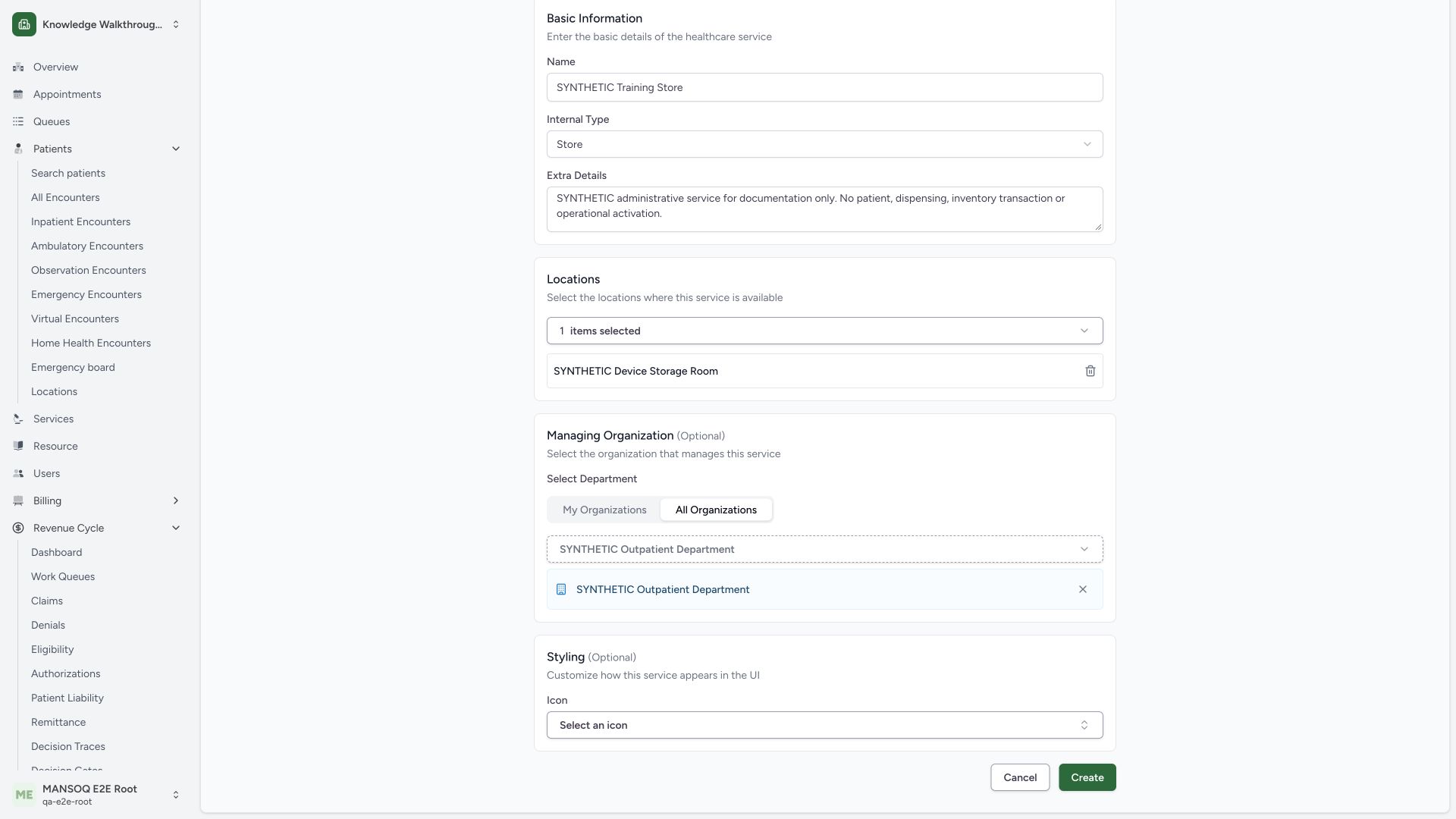 Review service identity, selected Room and managing department before Create. Actual MANSOQ 1920 by 1080 desktop view using synthetic administrative configuration.