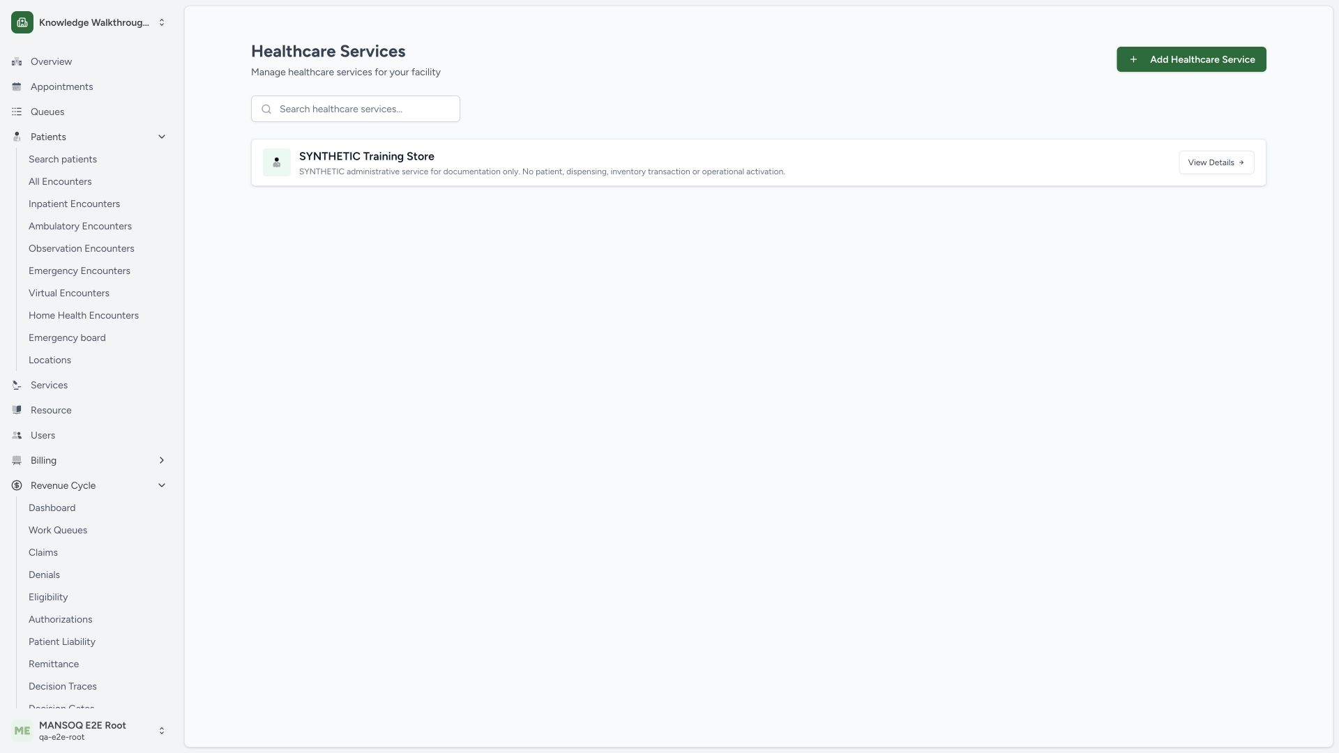 Verify the saved synthetic Store in the healthcare-service directory. Actual MANSOQ 1920 by 1080 desktop view using synthetic administrative configuration.