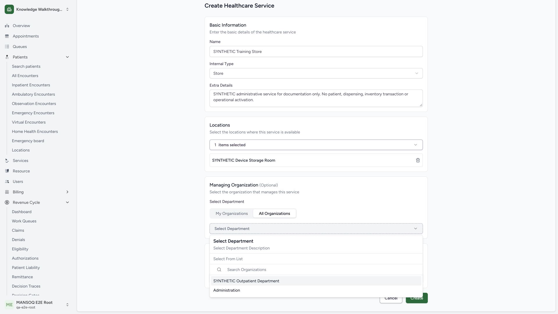 Choose the intended managing department from the authorized list. Actual MANSOQ 1920 by 1080 desktop view using synthetic administrative configuration.