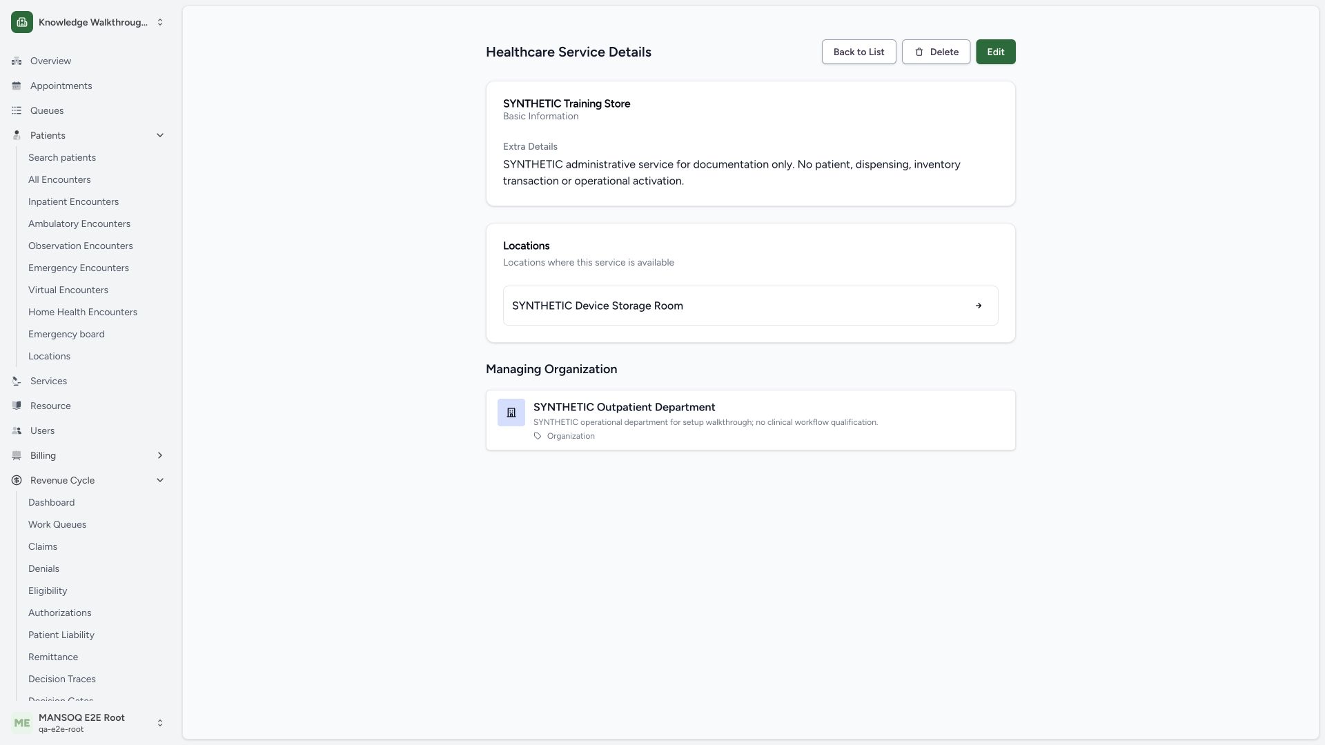 Verify saved service location and managing department in detail. Actual MANSOQ 1920 by 1080 desktop view using synthetic administrative configuration.