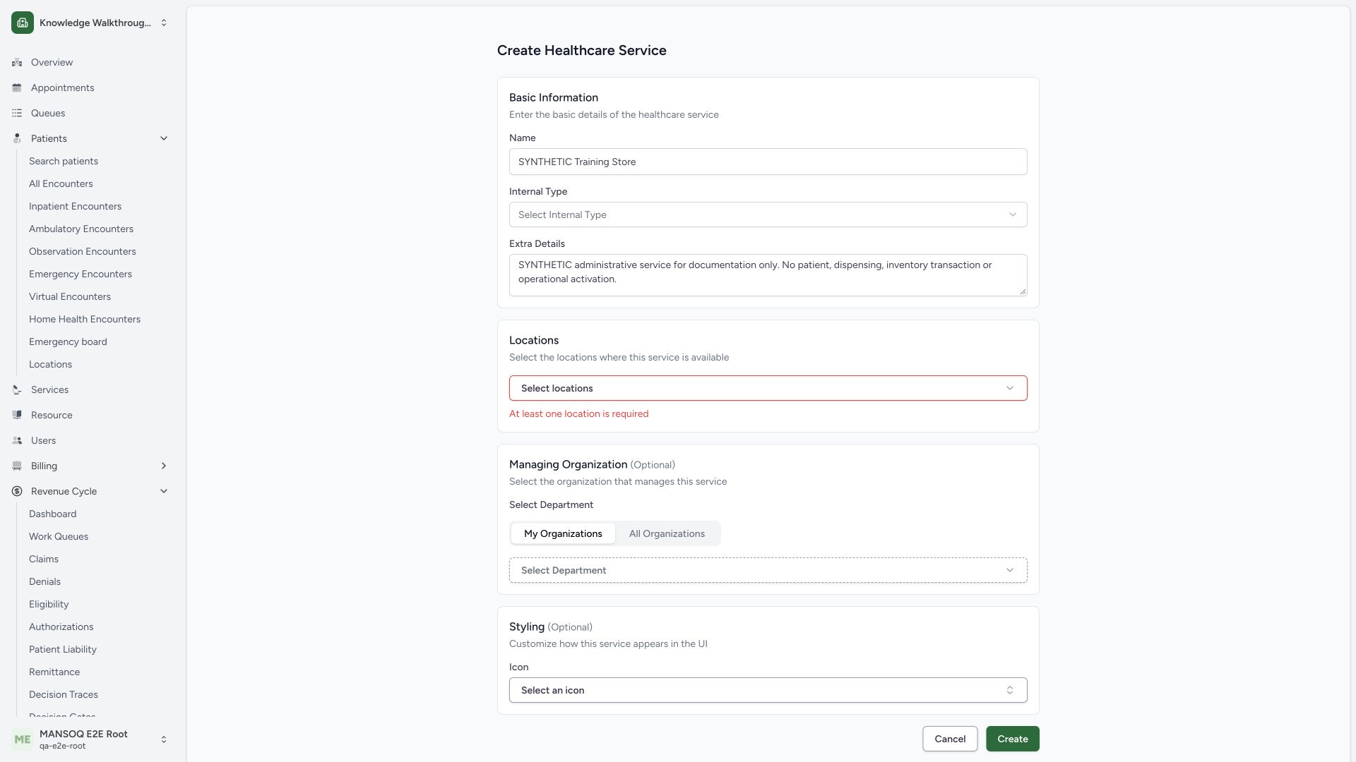 Resolve the required service-location validation message. Actual MANSOQ 1920 by 1080 desktop view using synthetic administrative configuration.