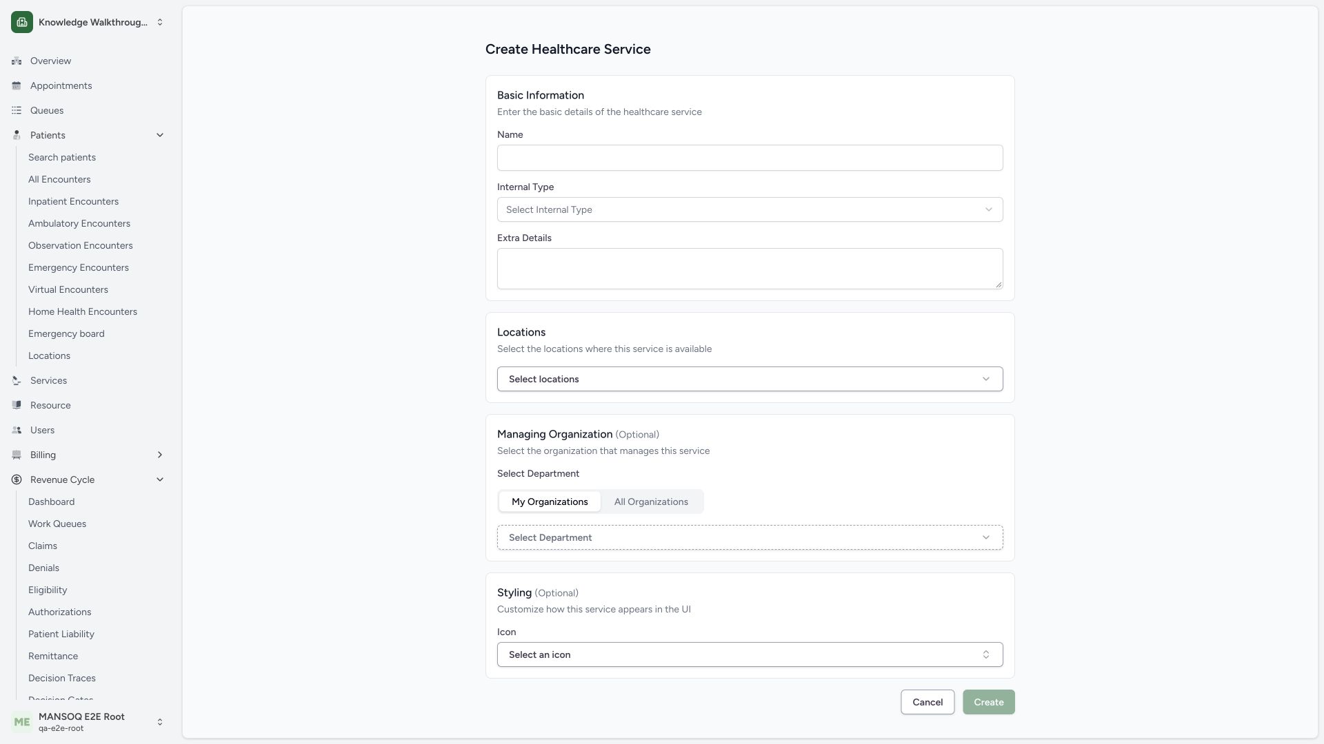 Inspect the actual healthcare-service creation form. Actual MANSOQ 1920 by 1080 desktop view using synthetic administrative configuration.