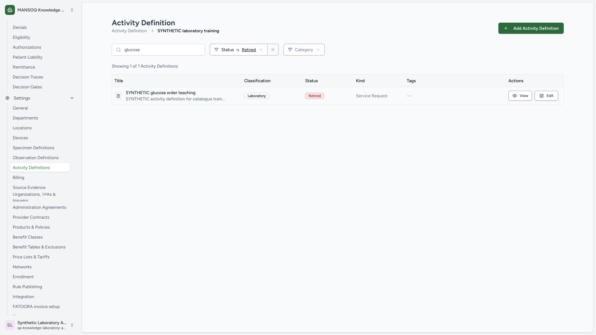 Find the retained retired activity. Actual wide MANSOQ synthetic Laboratory Facility Admin activity metadata and retained status maintenance view.