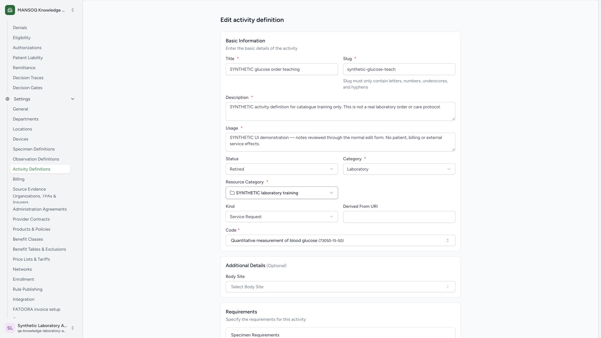 Review Retired before saving. Actual wide MANSOQ synthetic Laboratory Facility Admin activity metadata and retained status maintenance view.
