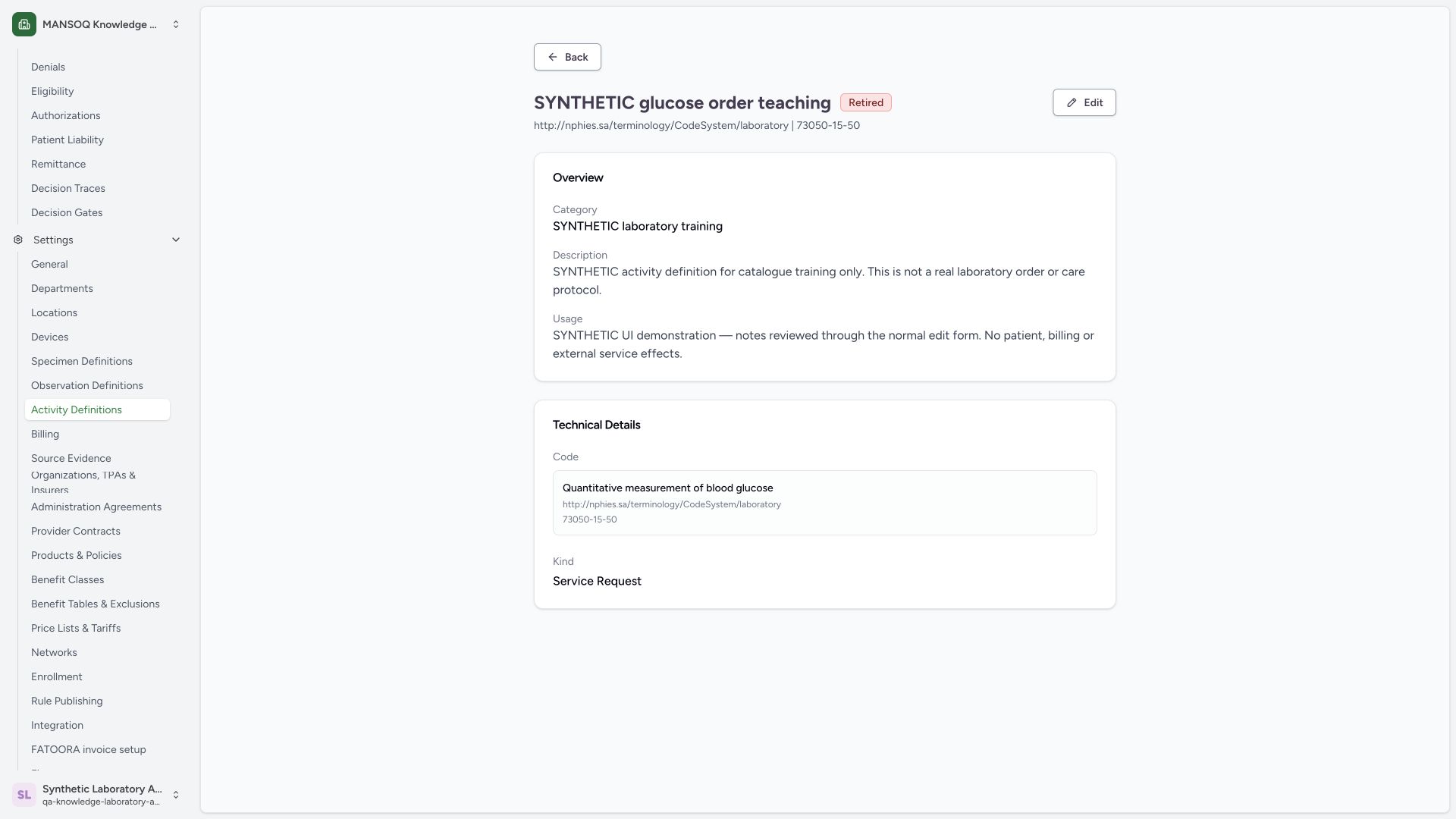 Verify the retained retired activity. Actual wide MANSOQ synthetic Laboratory Facility Admin activity metadata and retained status maintenance view.