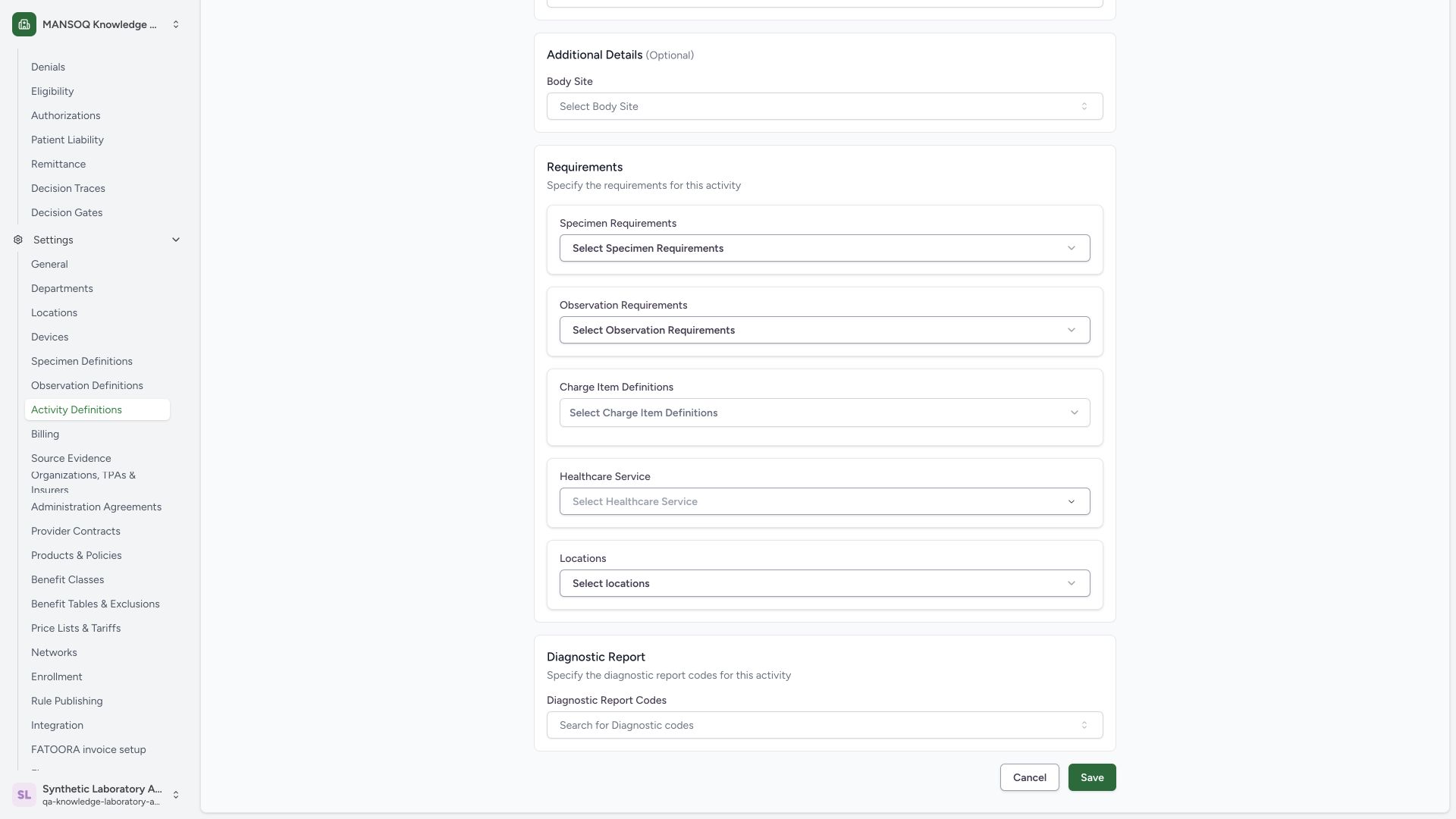 Save the reviewed status change. Actual wide MANSOQ synthetic Laboratory Facility Admin activity metadata and retained status maintenance view.