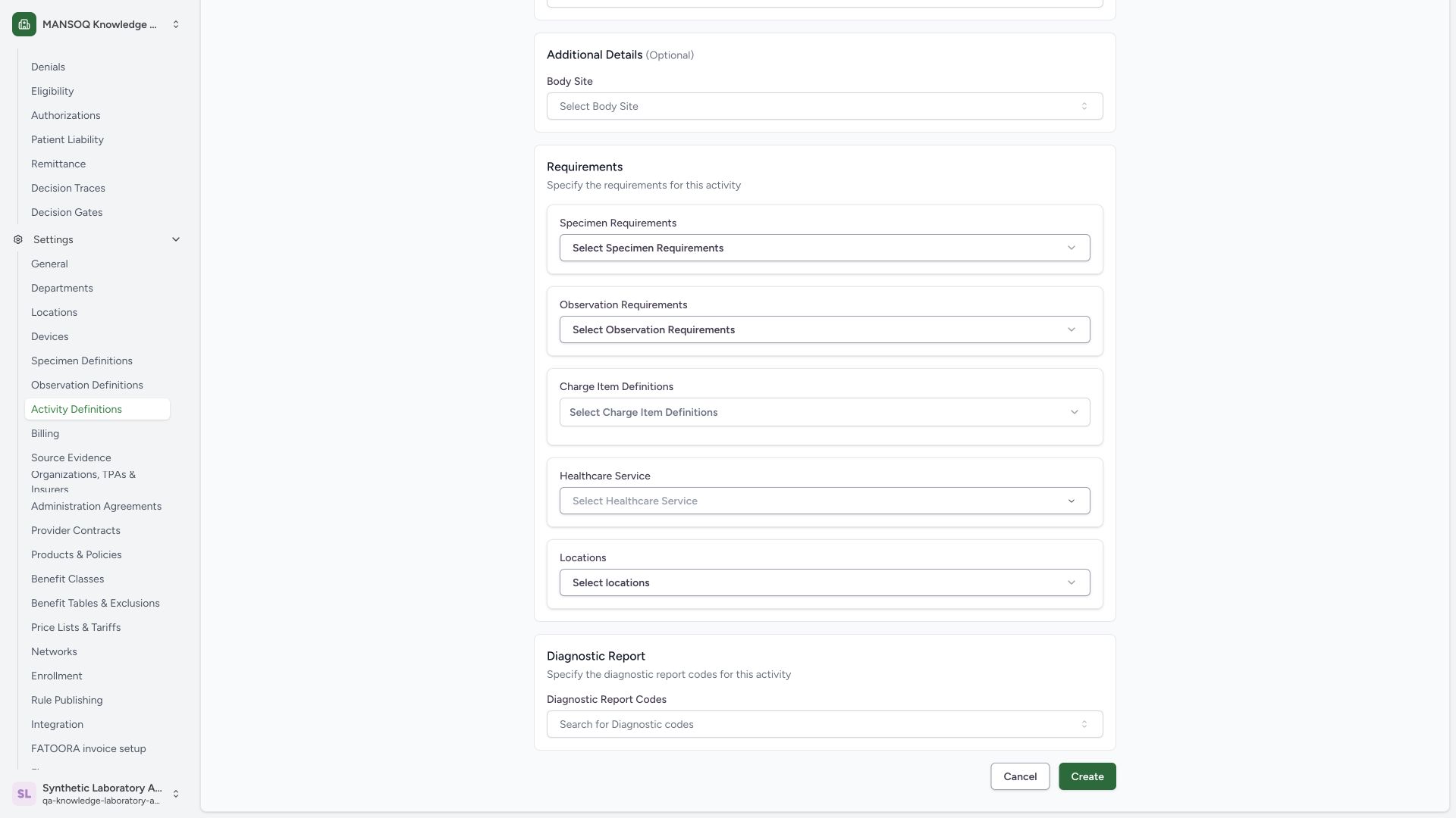 Review optional requirements before creating the base activity. Actual wide MANSOQ synthetic normal Laboratory Facility Admin synthetic activity catalogue creation view.