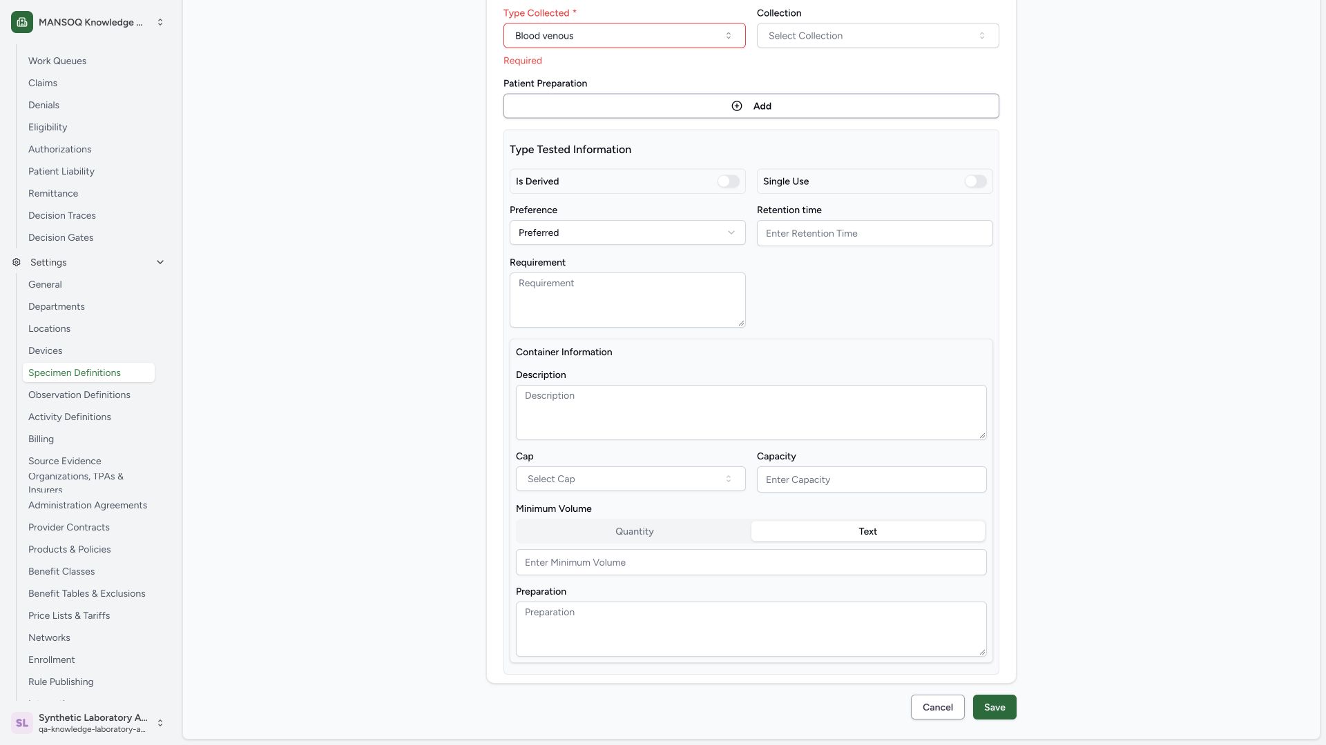 Review optional specimen fields and save. Actual wide MANSOQ synthetic Laboratory Facility Admin synthetic base specimen catalogue creation view.