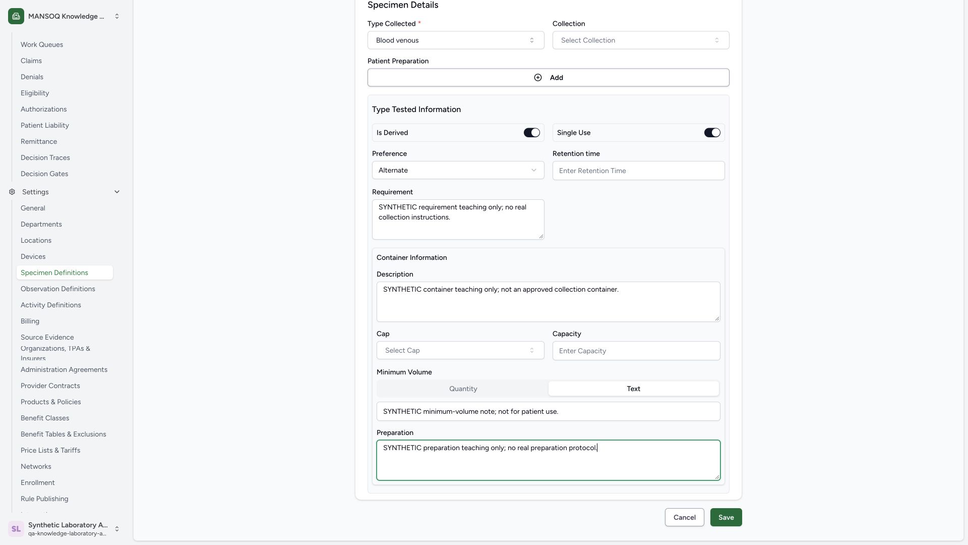Review the text minimum volume and save. Actual wide MANSOQ synthetic Laboratory Facility Admin synthetic specimen tested options and container text maintenance view.
