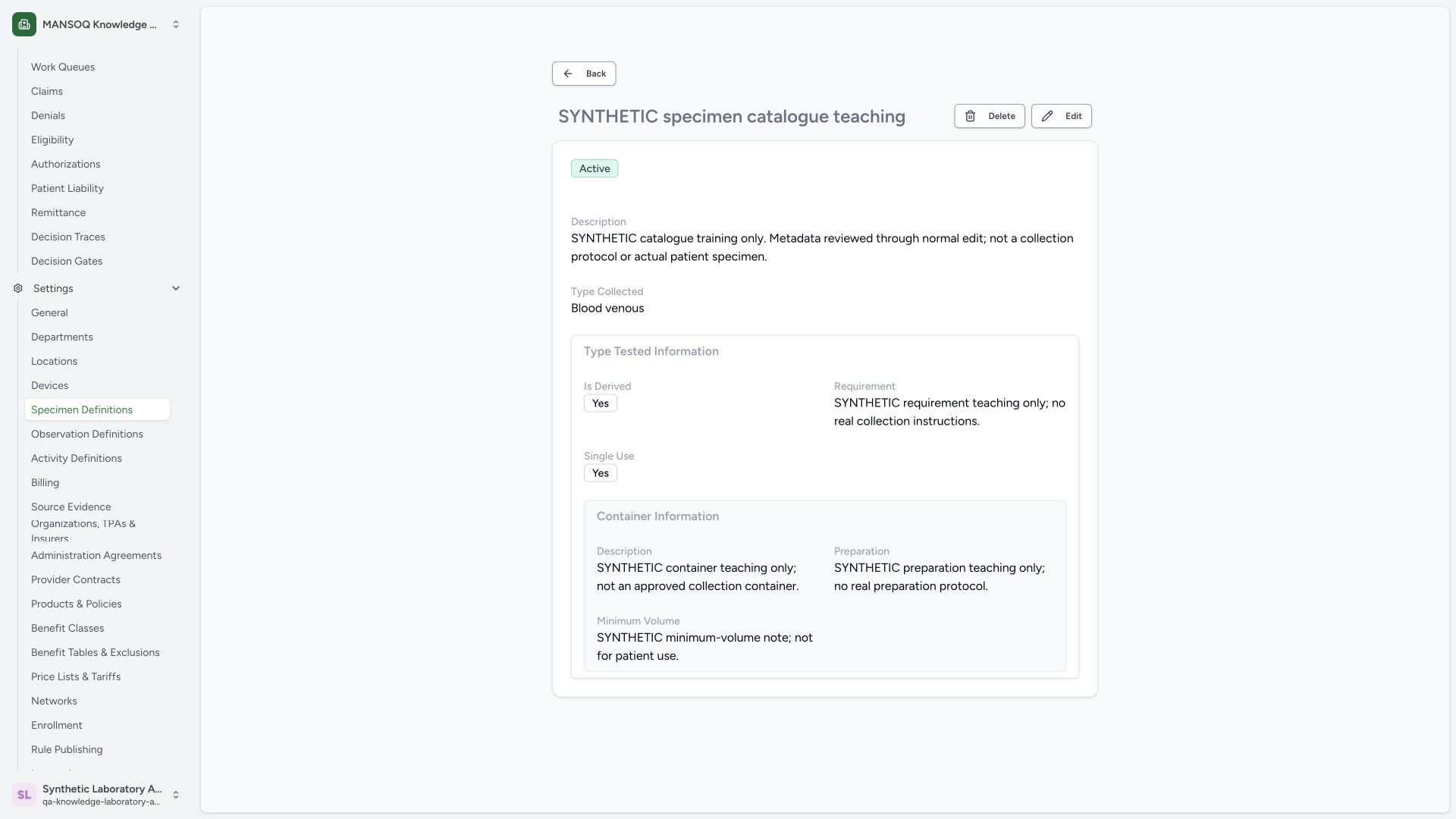 Verify saved specimen switches and container text. Actual wide MANSOQ synthetic Laboratory Facility Admin synthetic specimen tested options and container text maintenance view.