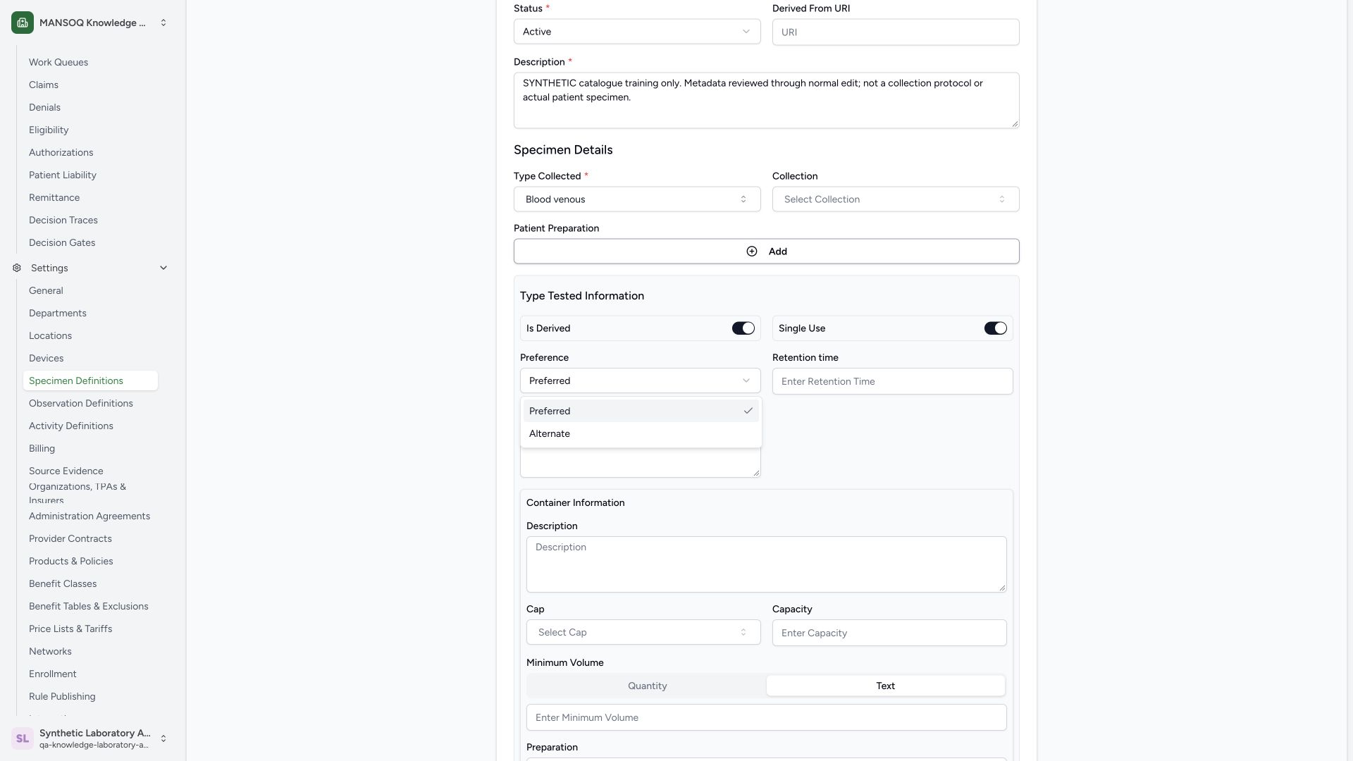 Review tested switches and preference choices. Actual wide MANSOQ synthetic Laboratory Facility Admin synthetic specimen tested options and container text maintenance view.