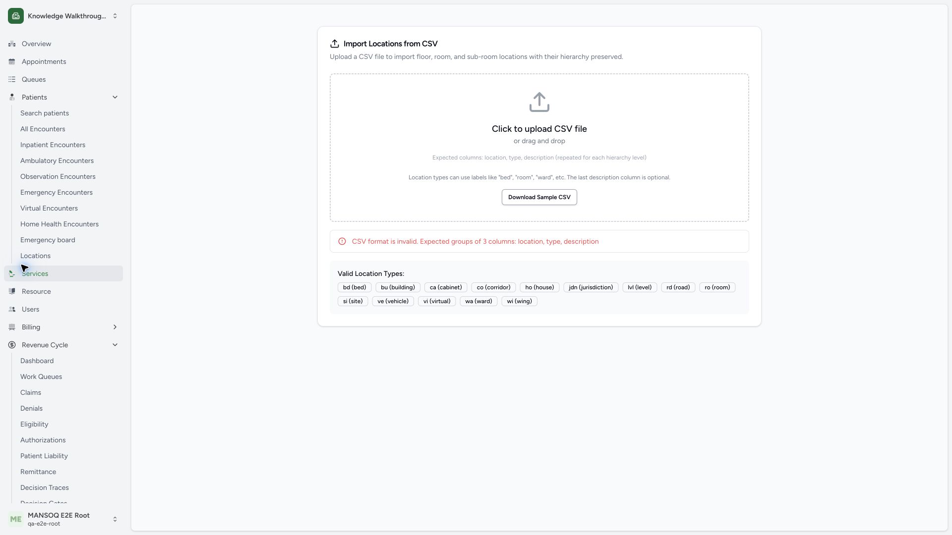 Recover an invalid CSV header grouping. Actual wide MANSOQ synthetic location import view.