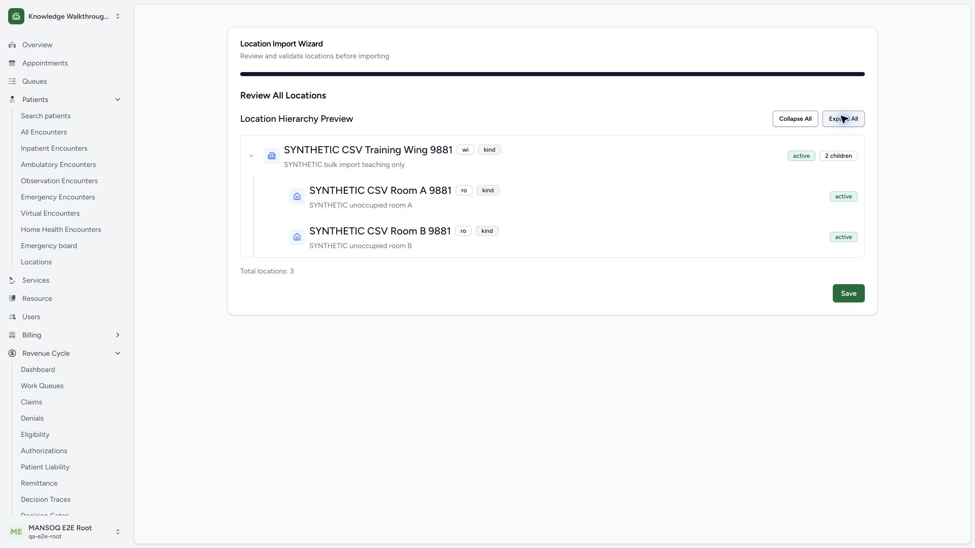 Review all three parsed locations before one import Save. Actual wide MANSOQ synthetic location import view.