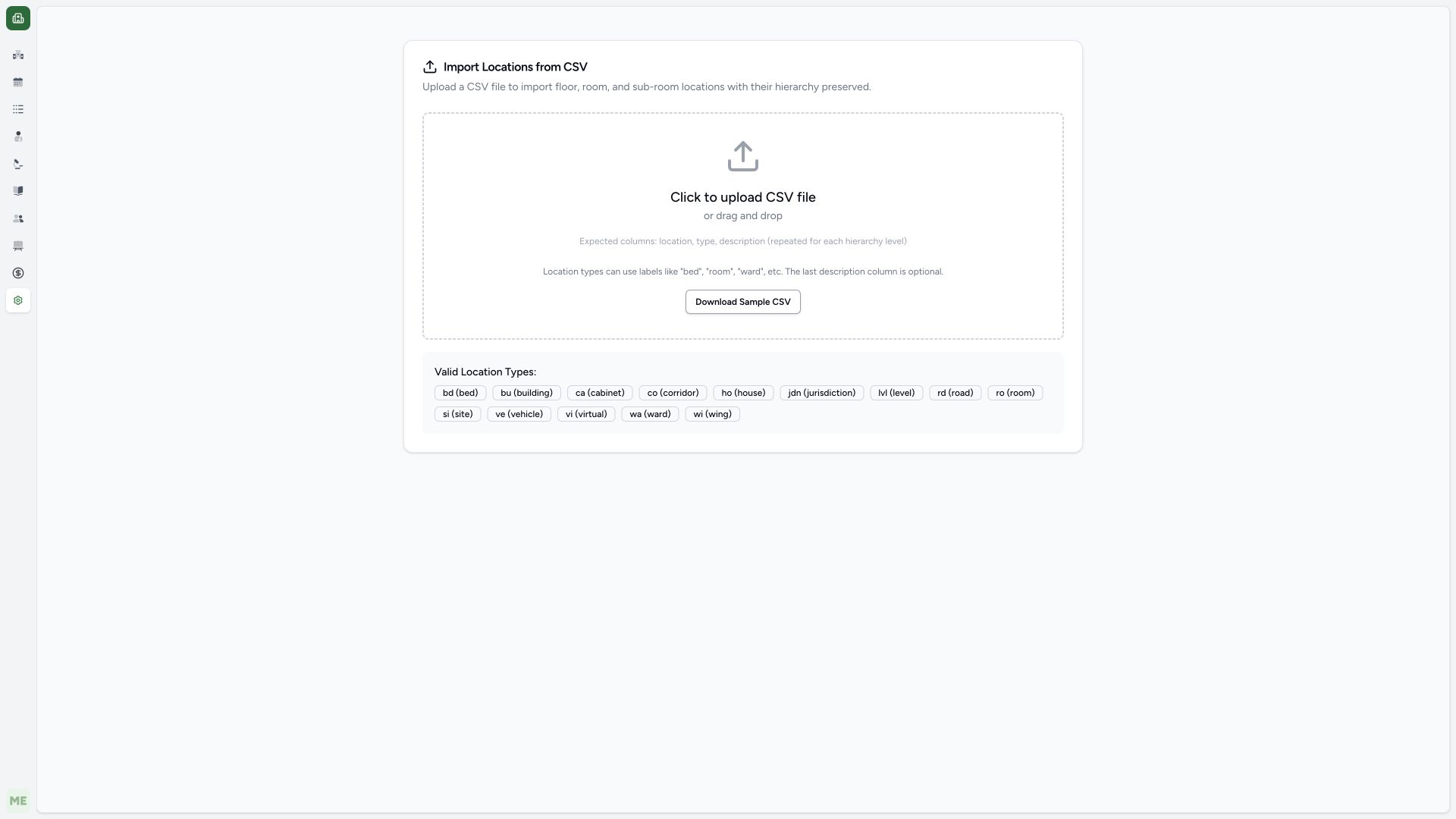 Prepare CSV groups and review supported location labels. Actual wide MANSOQ synthetic location import view.