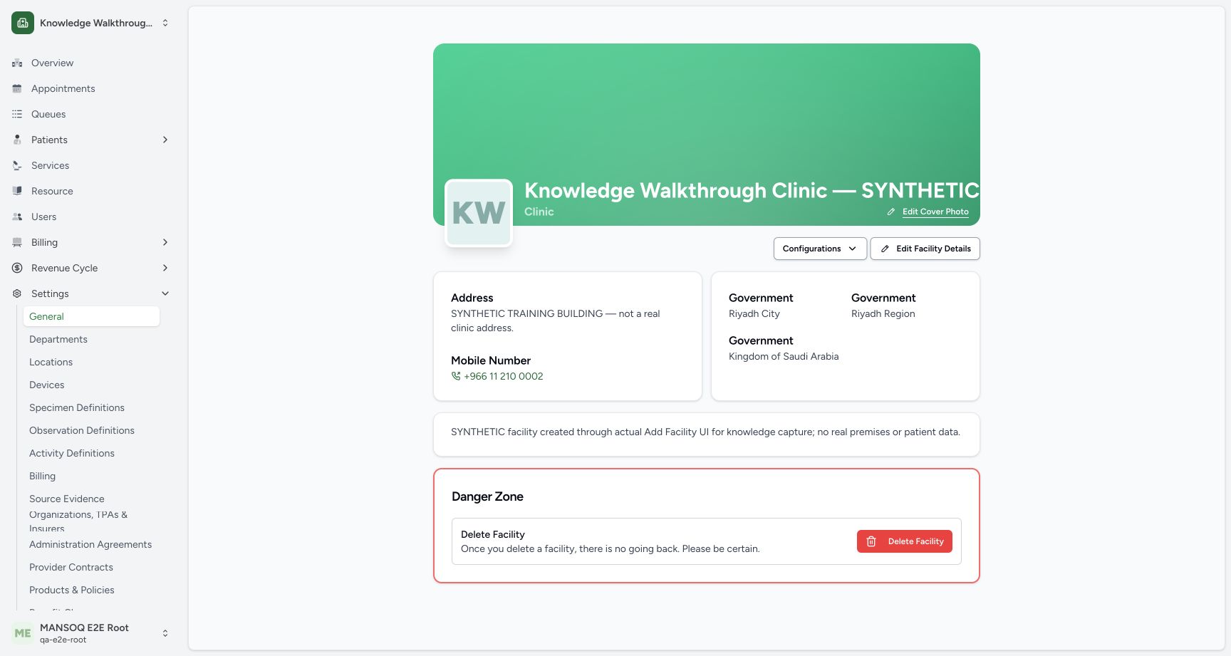 New facility settings and workforce navigation. Actual MANSOQ application in an isolated synthetic training estate; no real patient, staff or financial data.