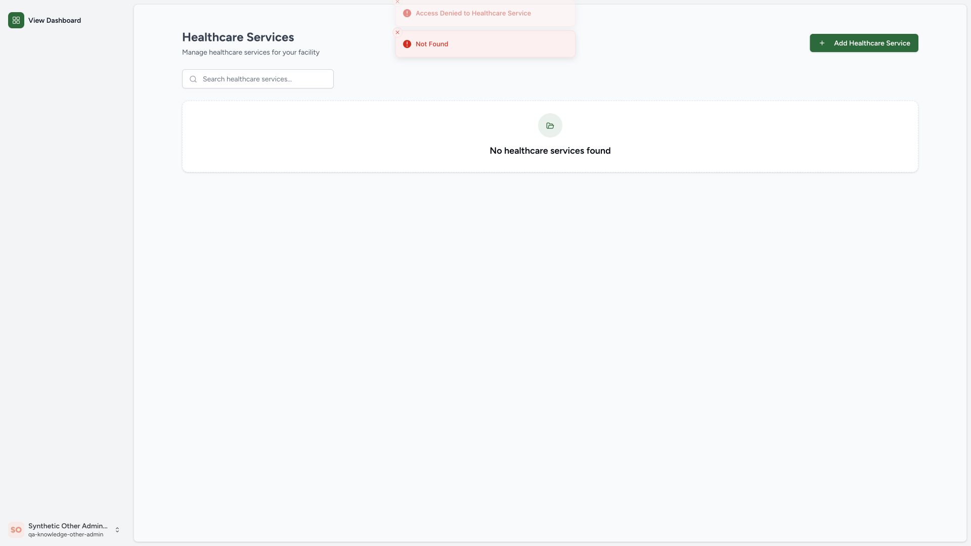 Recognize denied cross-facility access rather than assuming no configuration. Actual MANSOQ full desktop screenshot under the synthetic Other Facility Admin.